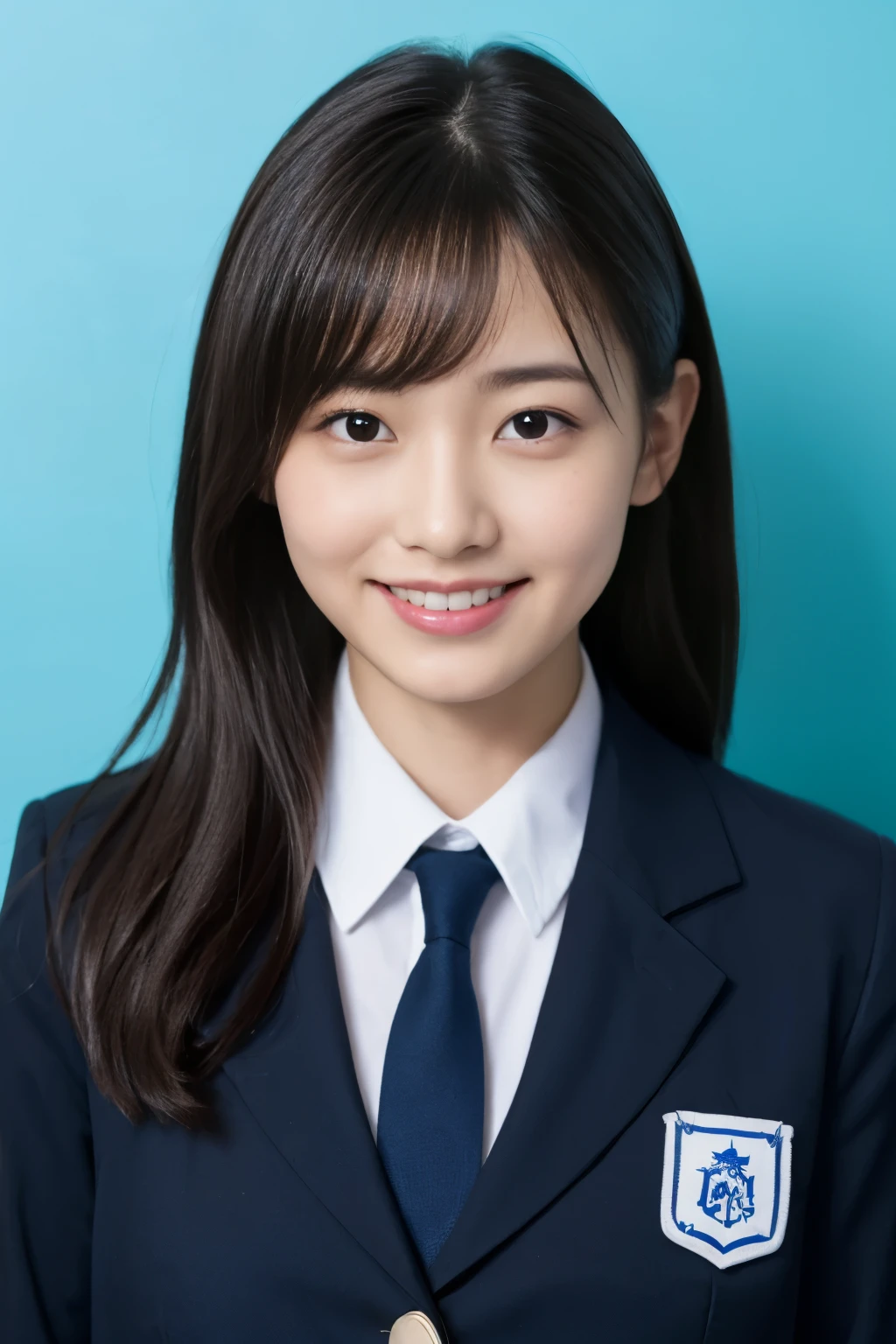 ((ID photo、face only))、(School Uniform Jacket、Detailed bra、black hair、real face)、cute japanese woman、16 years old、young girl、light blue background、Turn your body to the front、smile、blank space above the head