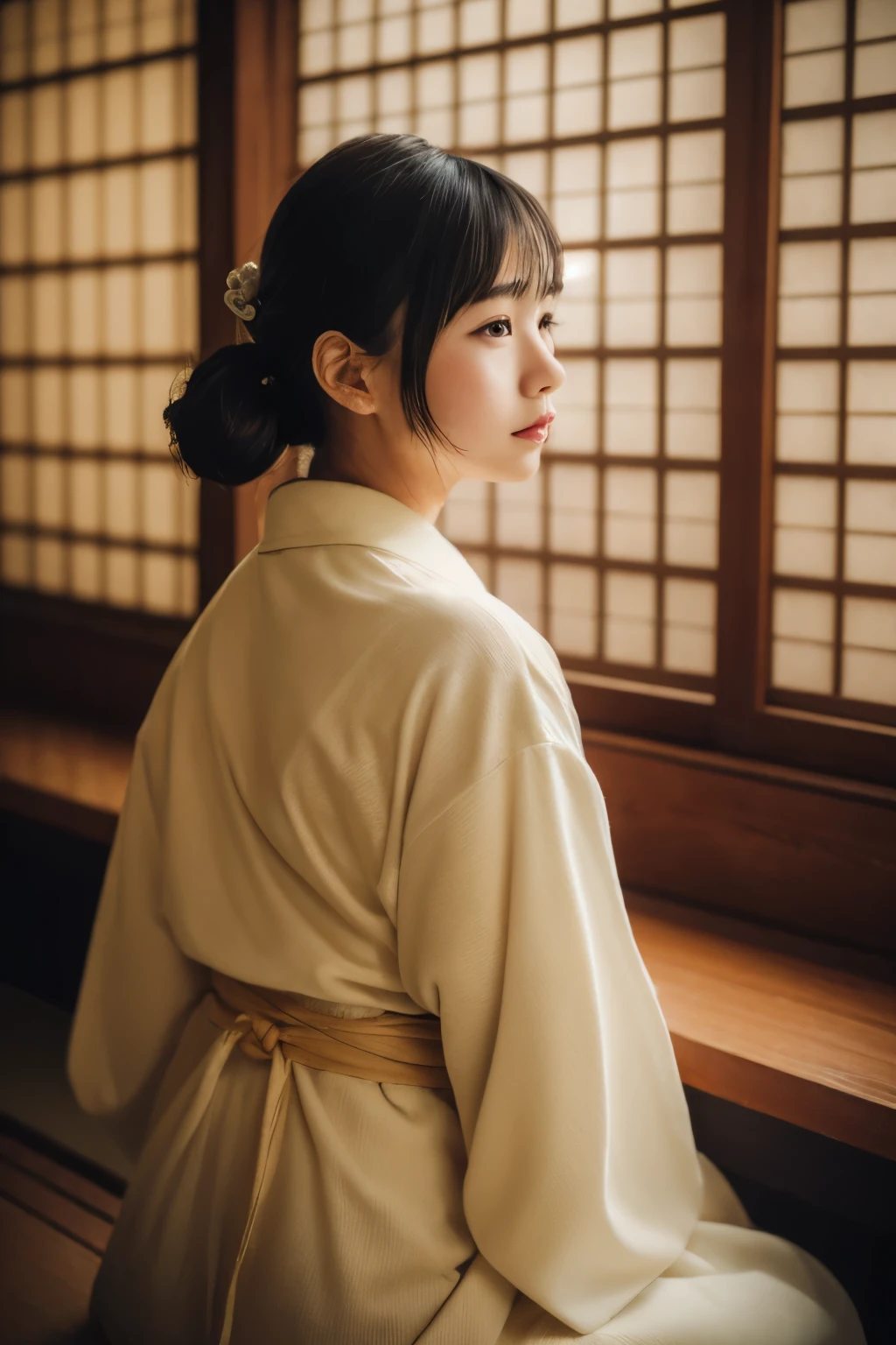 Realistic photo of a young Japanese woman in a geisha outfit, white face, exuding a subtle air of melancholy, sits alone in a traditional Japanese room made of wood. The ambiance transports us back to the 80s with its unique decor. The back of a intricately detailed dragon tattoo peeks out from under the hem of her robe. Sharpness level: 8k, captured with a DSLR super35 lens. Bokeh effect softly highlights the background, while the low contrast brings out the natural, authentic texture of her skin.
