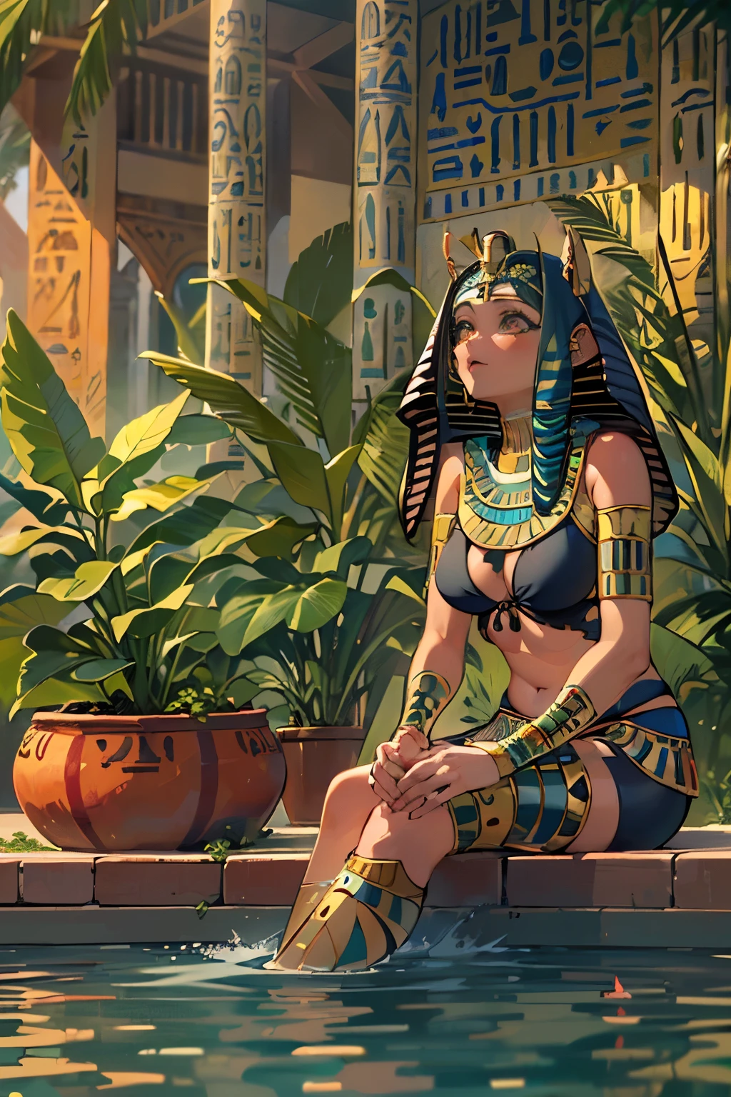 ((joyful ((chubby ((Egyptian)) girl)) with very long hair sitting poolside while peacefully observing the sunrise, (wearing detailed sheer emerald-green swimsuit), (wearing antique lace necklace), (cannabis flower tattoos on arms and legs), plump legs spread apart, high quality photo, sitting quietly poolside (with many potted plants surrounding pool during foggy sunrise) and many birds in the sky
