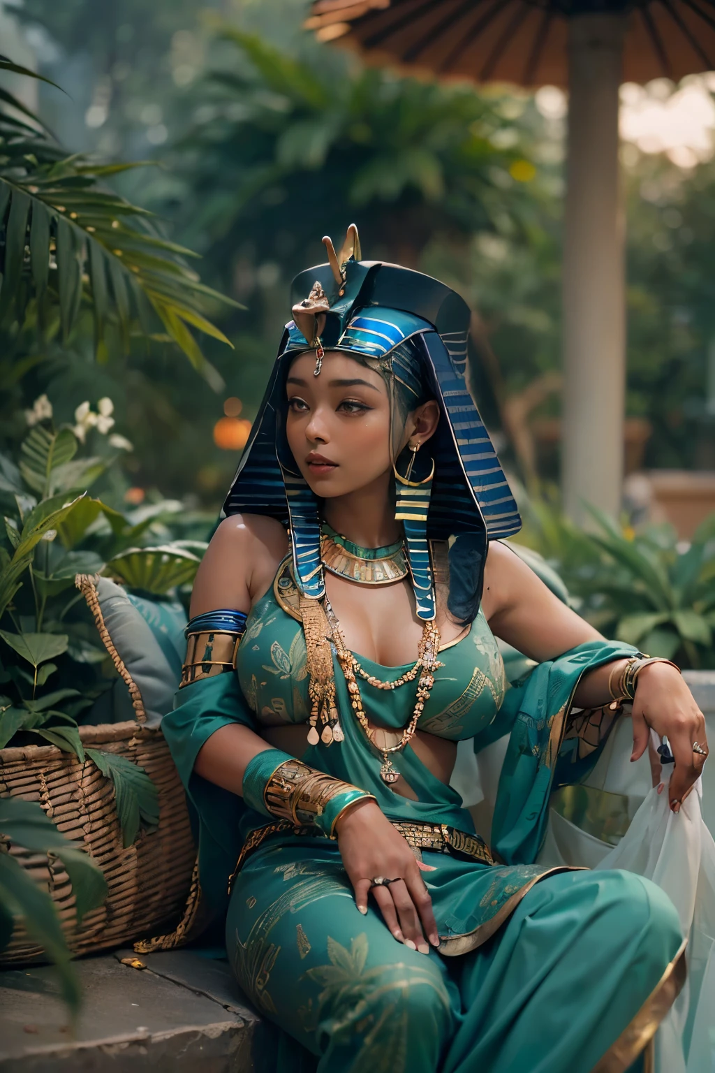 ((aroused ((dark-skinned ((Egyptian)) MILF steampunk professor)) outside writing geometry equations on a chalkboard, (wearing gilded dragon-detailing elegant robe outfit), (wearing amethyst snake choker), (cannabis flower tattoos on arms and legs), high quality photo, mischievously standing in the garden (with copious tall cannabis sativa plants and hydrangeas surrounding scene during foggy sunrise), airship flying through background, (ultra detailed, 4k, masterpiece), (perfect face)