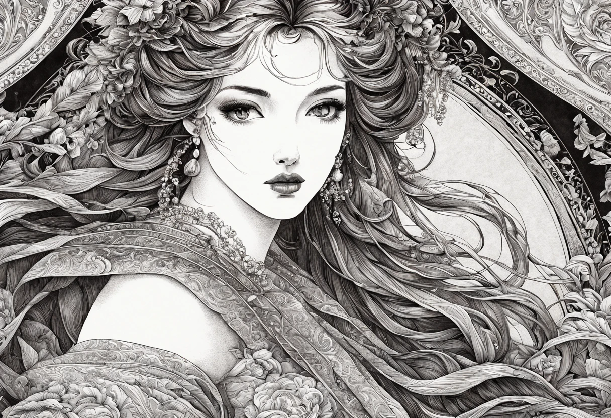 (best quality, 4k, high resolution, masterpiece: 1.2), ultra-detailed, realistic lady black and white figure, (ink style: 1.3), beautiful detailed eyes, beautiful detailed lips, detailed face, detailed flowing hair, figure slender, vibrant clothing, delicate ornate patterns, subtle shadows, soft lighting, classical pose, colorful background, 15th century artistic style, subtle color palette, elegant, exquisite craftsmanship, meticulous details, authentic textures, elegant expression, thoughtful look, atmosphere serene, historic atmosphere, fine attention to detail, intricate lines, artistic mastery, classic beauty, realistic depiction, eternally captivating.