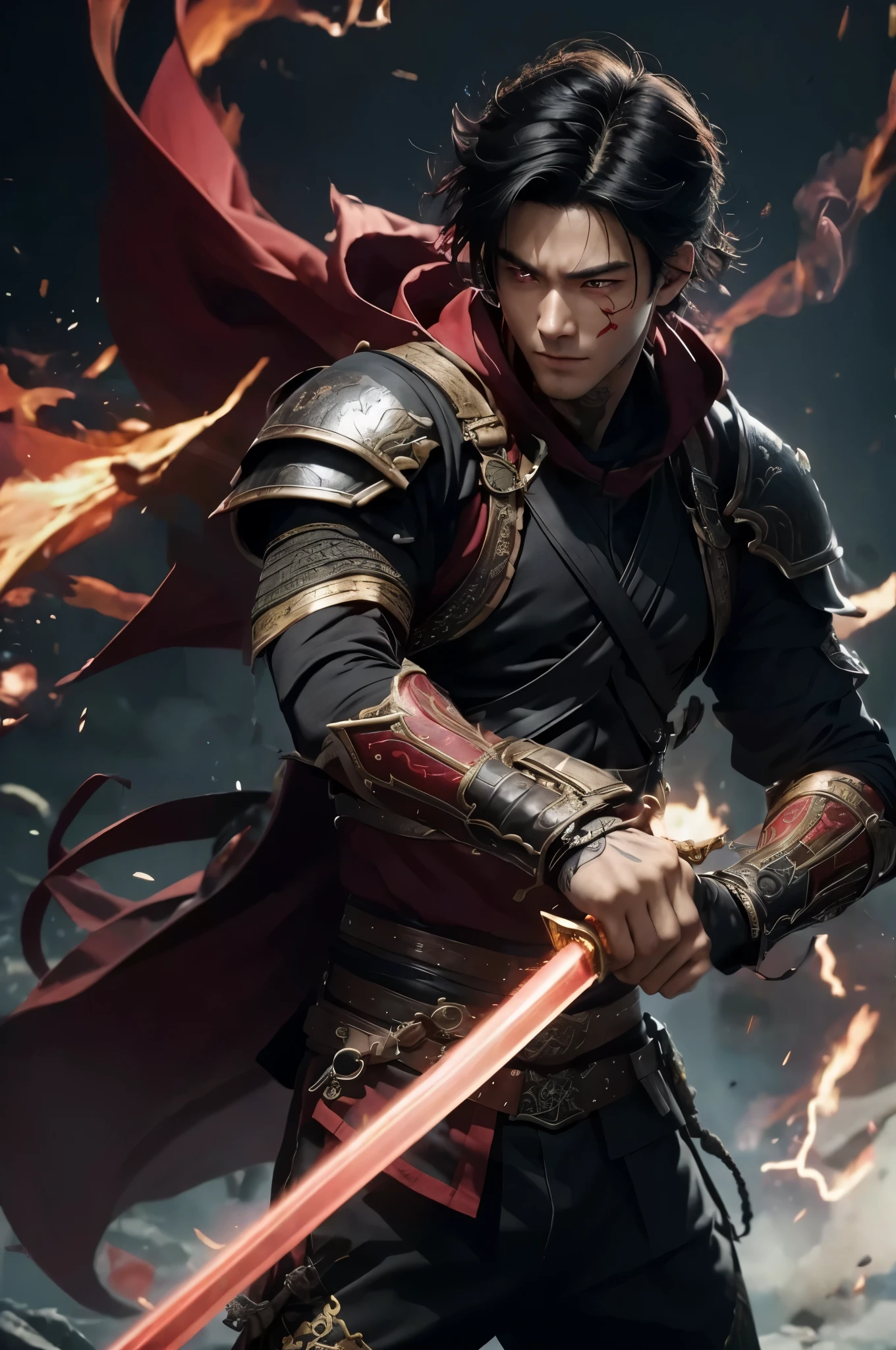 8K、solo、16 year old boy,Super handsome boy(like the real thing),red eyes(red glowing effect),Super handsome boy,black bob hair,black demon slayer armor,black pants(demon emblem embroidery),golden decoration,facing there、long and large Japanese sword,demon slayer boy,Remains,magnificent artwork、wind effect:1.9、Cloud Effect:1.2、Full Rendering、Caustic soda coating、unreal engine、1 Japan sword,An expression that remains innocent,Cool boys,Super high resolution,super realistic skin,Super precise hand details,１Japanese sword with a book,fantasy art,smile,battle scene,action scene,action pose,Fighting style,Photorealistic RAW photos of the highest quality。Backlight, cinematic lighting, film grain, to be born, 50mm lens, Nikon D850,realistic skin,fantasy art,character art,ultra high resolution,Macho with muscular slender body,Red demon emblem tattoo on face(Tattoo that glows red),Precise facial details,rock,