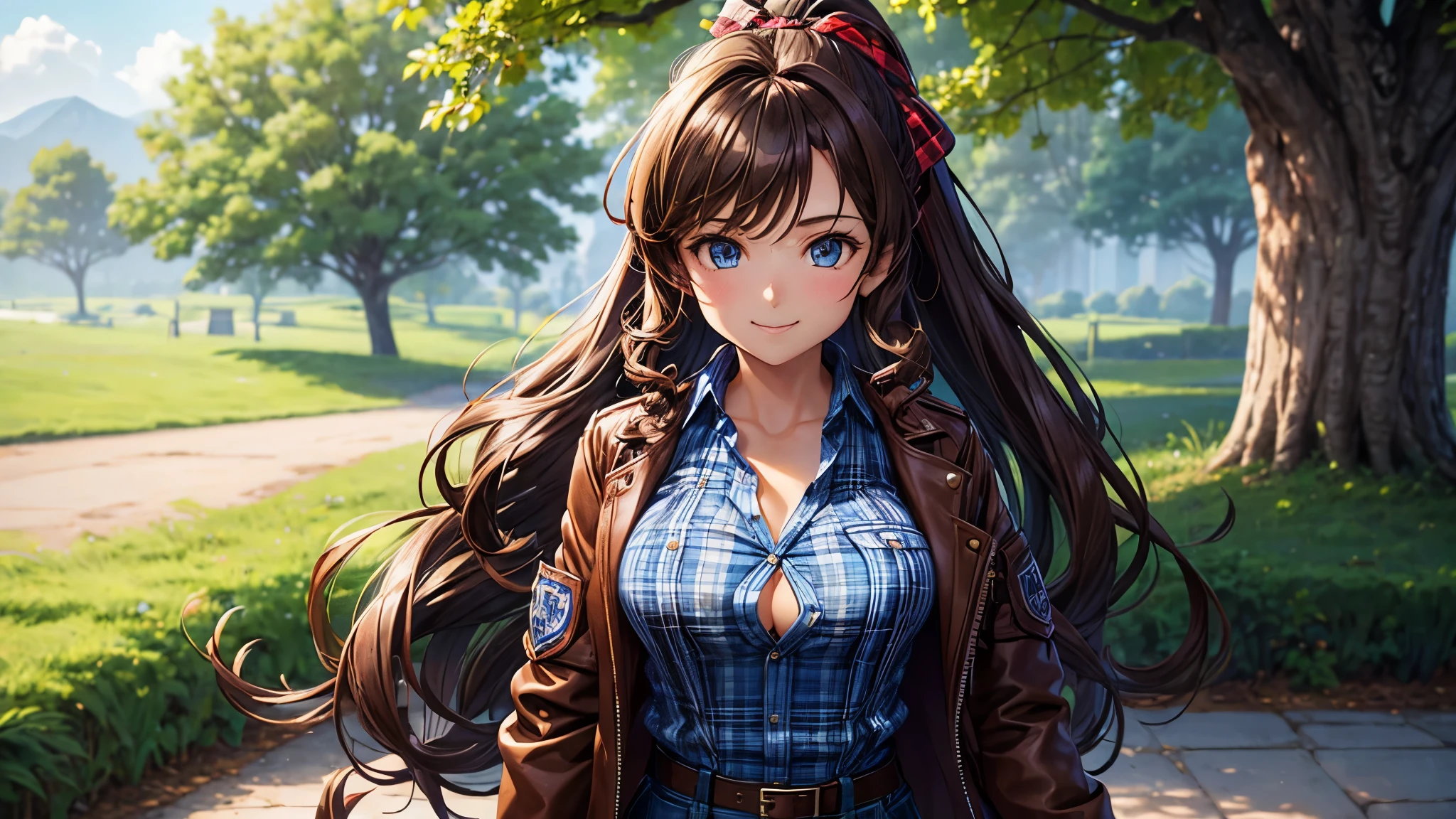1girl, solo, village, trees, brown hair, long hair, curly hair, ponytail, blue eyes, large breasts, button down shirt, ((blue checked shirt)), ((unbuttoned shirt)), ((opened brown zipper jacket)), leather jacket, red and black skirt, smile, looking at the viewer, standng, hair ribbon