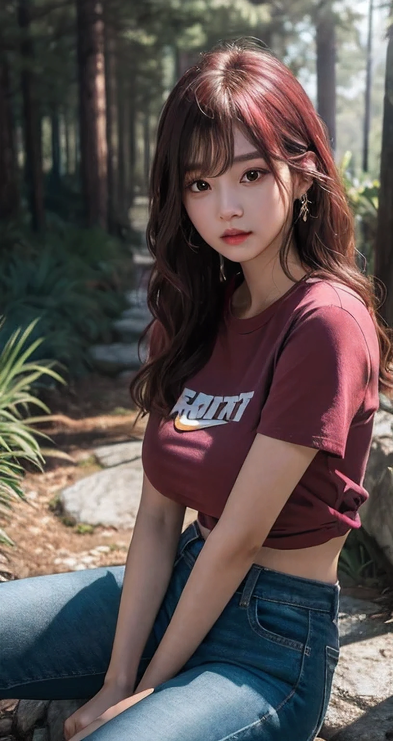 Best Quality Detail:1.2, realisitic, 8K UHD, hight resolution, 1girl in:1.2, The ultra-detailliert, High quality textures, intricate detailes, detaileds, Very detailed CG, High quality shadows, Detail Beautiful delicate face, Detail Beautiful delicate eyes, depth of fields, Ray traching, masterpiece, best quality,ulzzang -6500-v1.1:0.6, pureerosface_v1, Pretty Kpop Girl, Korean Urzan Face:1.1, milf, 28 year old woman,long neon red hair,shiny_skin,thin_waist,huge breasts, pink shirt and long cargo pants,socks,nike shoes, night, 4K 8K UHD Full Color RAW Photos, Fuji Film(Medium format:1.2), Hasselblad:1.2, Carl zeiss:1.1, Incredible dynamic range photography(UTIL_Art by Smoose-768:1.1), hight resolution, High pixel count, clear details, crisp image, Natural color reproduction, Noise Reduction, High fidelity, qulity, Software Improvements, Upscaling, Optimized algorithms, Pro-level retouching,crowd:1.1,depth of field,looking at viewer,random pose at the forest haven residence ,random pose, forest haven residence atmosphere,