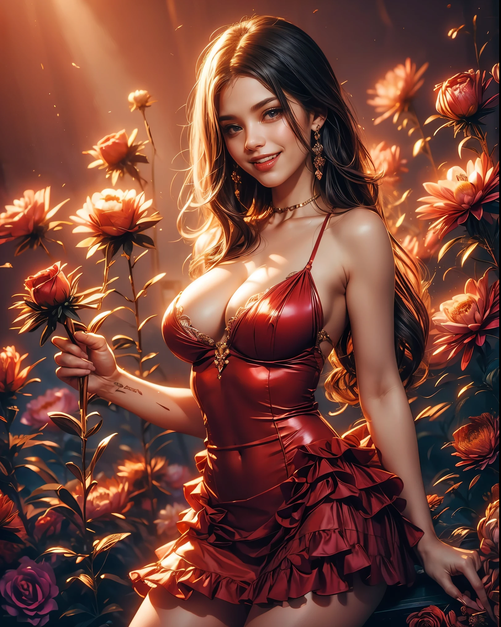 a woman in a red dress, holding red roses, front view, red roses, derevschikova, alexis flower, huge breasts, cleavage, smiley face, smile on face, roses background, beautiful sexy woman photo, in red rose background, on a red background, female model, roses, with a beautifull smile.