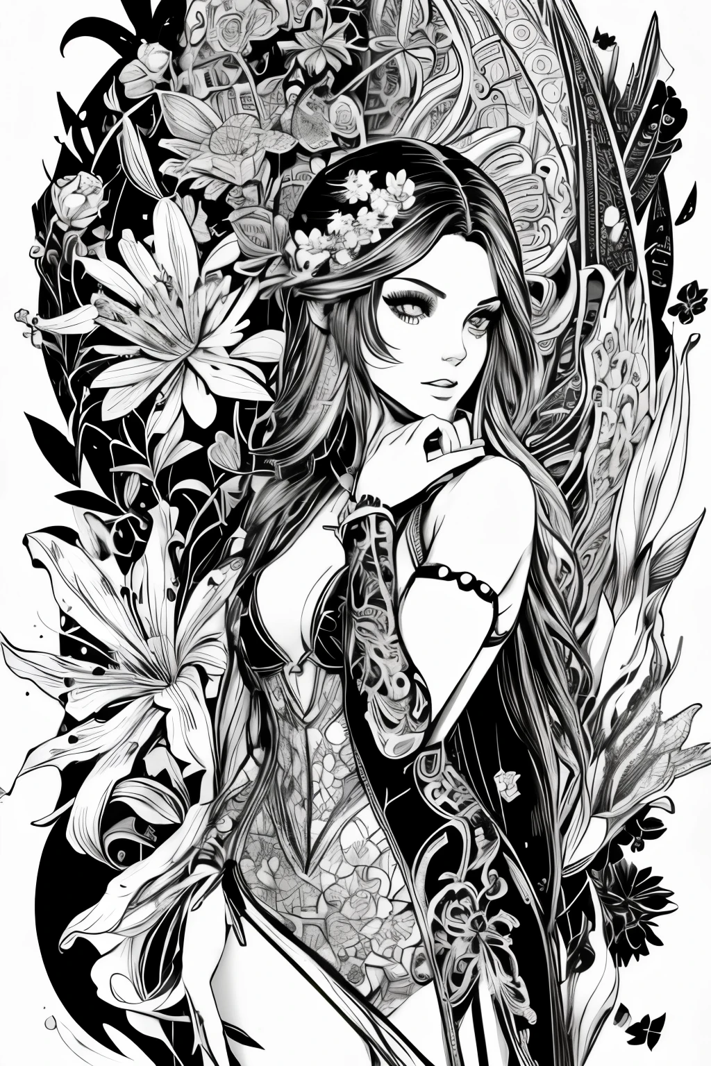 adult coloring book, masterpiece, best quality, intricate details, highly detailed, Black and white stick figure 1 girl with river lillies flower in background,  in dress with flowers, its fine vector line art, full body portrait of beautyfull girl posing in sexy pose, Hollywood glam, beautiful line art, black and white comic style, manga style, black and white coloring , Extremely detail Disney banksy art sticker, full body fantasy character unclad wearing only a bodysuit made of fishnet, soul, digital illustration, comic book style, steampunk noir, perfect anatomy, approaching perfection, dynamic, highly detailed, artstation, concept art, sharp focus, illustration, art by Carne Griffiths and Wadim Kashin, by zer0pixels.