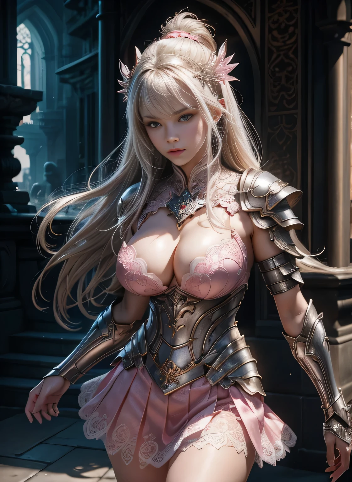 a sexy woman in a white gold and pink lotus lace armor skirt, chengwei pan on artstation, by Yang J, detailed fantasy art, stunning character art, fanart best artstation, epic exquisite character art, beautiful armor, extremely detailed artgerm, detailed digital anime art, artgerm on artstation pixiv, armor girl, cleavage big breasts:1.2, (mini skirt:1,5)