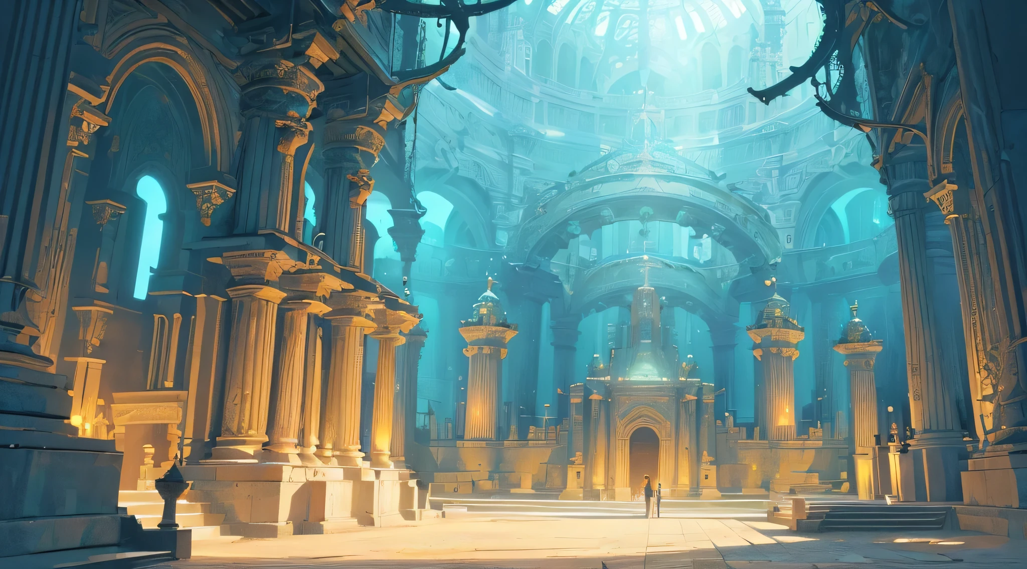((intricate details, High resolution illustration)), (((best quality, Very beautiful 8KCG wallpaper))),underwater city, atlantis, underwater temple,Exquisite light and shadow,fantasy,Scenes