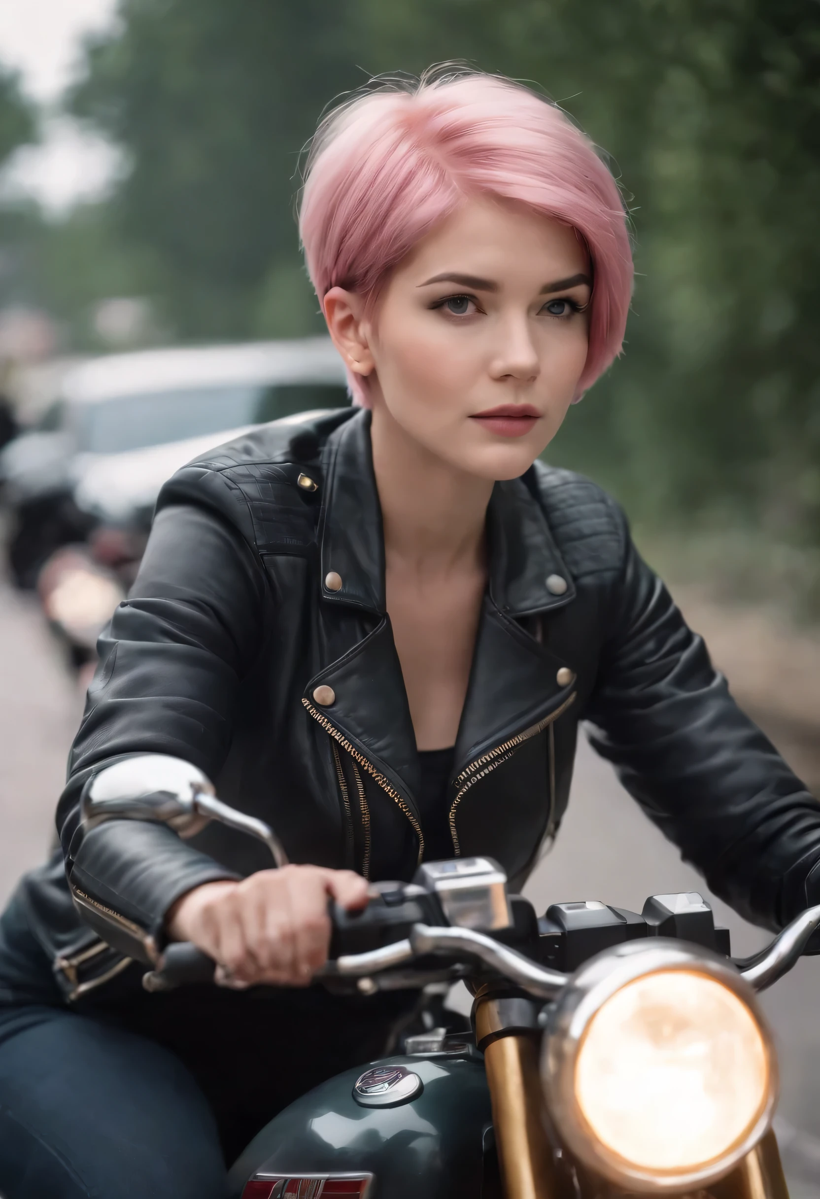 Girl short pink hair, riding a sports motorcycle,filmposter