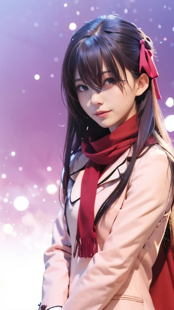 anime characters in a pink coat and red scarf standing next to each other, misato katsuragi, close up iwakura lain, anime style like fate/stay night, anime visual of a cute girl, iwakura lain, anime moe artstyle, gapmoe yandere, hinata hyuga, by Jin Homura