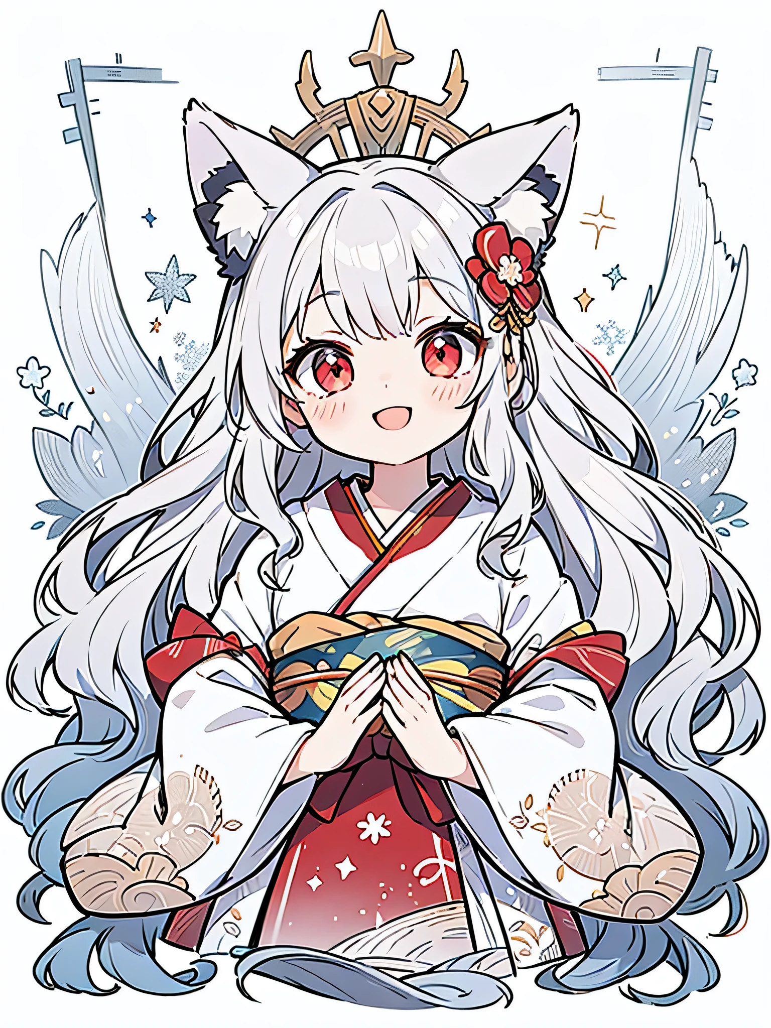 Famous paintings,high quality,open your mouth,smile,Both arms,upright,Virtual YouTuber,blush,concept art,alone,1 girl,whole body,view,Silver hair,young girl,red eyes,fox ears(Silver),fox tail(Silver),fluffy,kimono,wavy hair,long hair,hair ornaments,Low exposure,kind,that'It's warm,the background is white