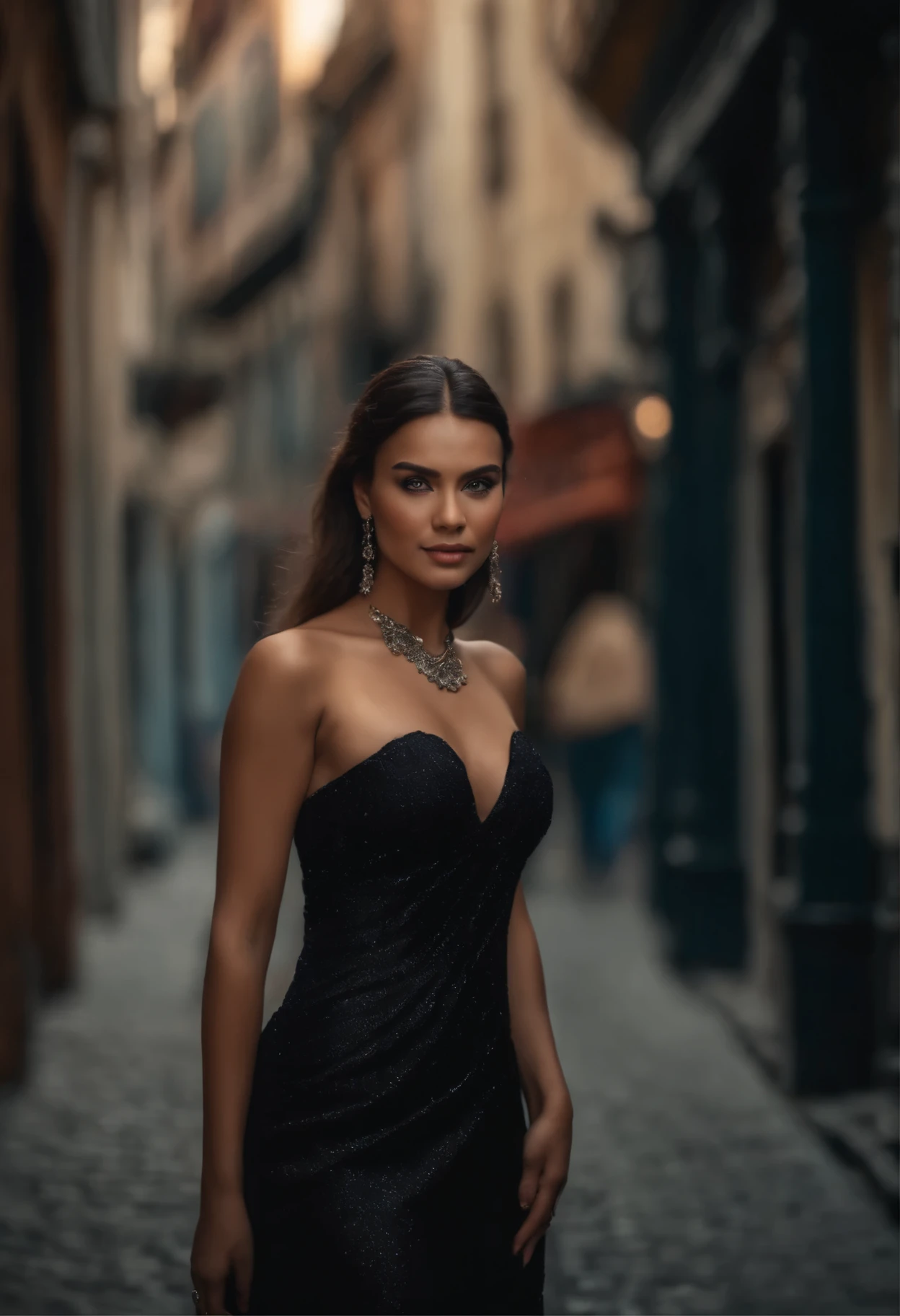 aridugarte wearing a black dress, standing, full body shot, looking at viewer, in a street, intricate high detail, (vibrant, photo realistic, realistic, sharp focus) ((film grain, skin details, high detailed skin texture, 8k hdr, dslr)), 8k uhd