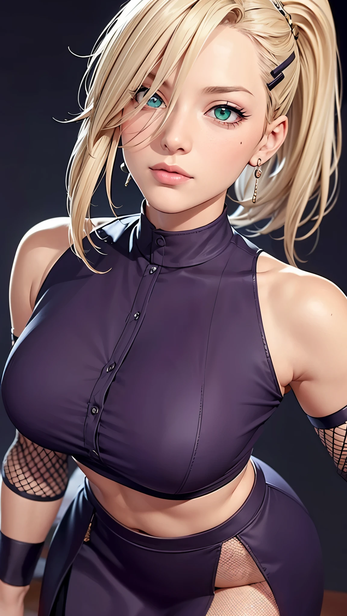 （（（完美figure，figure，crop top, sleeveless, skirt, fishnets, earrings,（（（1girl, blonde hair, hair ornament, green eyes, ponytail, hairclip, hair over one eye, ））），（（（wide hips））），S型figure:1.7））），((masterpiece)),high resolution, ((Best quality at best))，masterpiece，quality，Best quality，（（（ Exquisite facial features，looking at the audience,There is light in the eyes，lol，confidence））），（（（Light and shadow interlace，huge ））），（（（looking into camera，bend over，Body forward，from above，looking down，look up）））