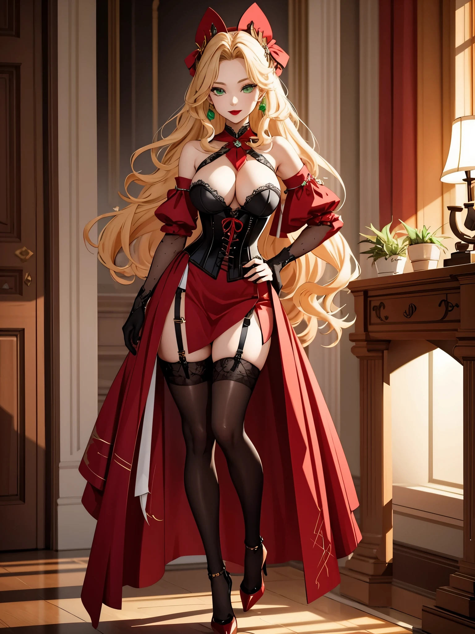 Gender: Female Height: 1,88 cm Physical Description: Yuna is a beautiful woman with long, medium-curly blonde hair, a frame, and sultry green eyes. She is always making sure her makeup is spot on, with bright red lipstick and long, false lashes that make her eyes pop. Clothes: Yuna Nakamura's clothing choices reflect her wild and seductive personality. She wears a corset stockings and high heels. The camera is facing her entire body in a Full body shot