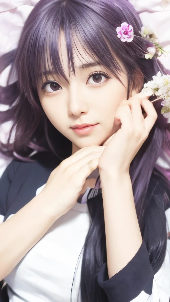 a woman with long purple hair and a white shirt holding a flower, iwakura lain, misato katsuragi, close up iwakura lain, yuyushiki, anime style like fate/stay night, anime moe artstyle, shuushuu anime image, hinata hyuga, close up of iwakura lain, in style of kyoto animation