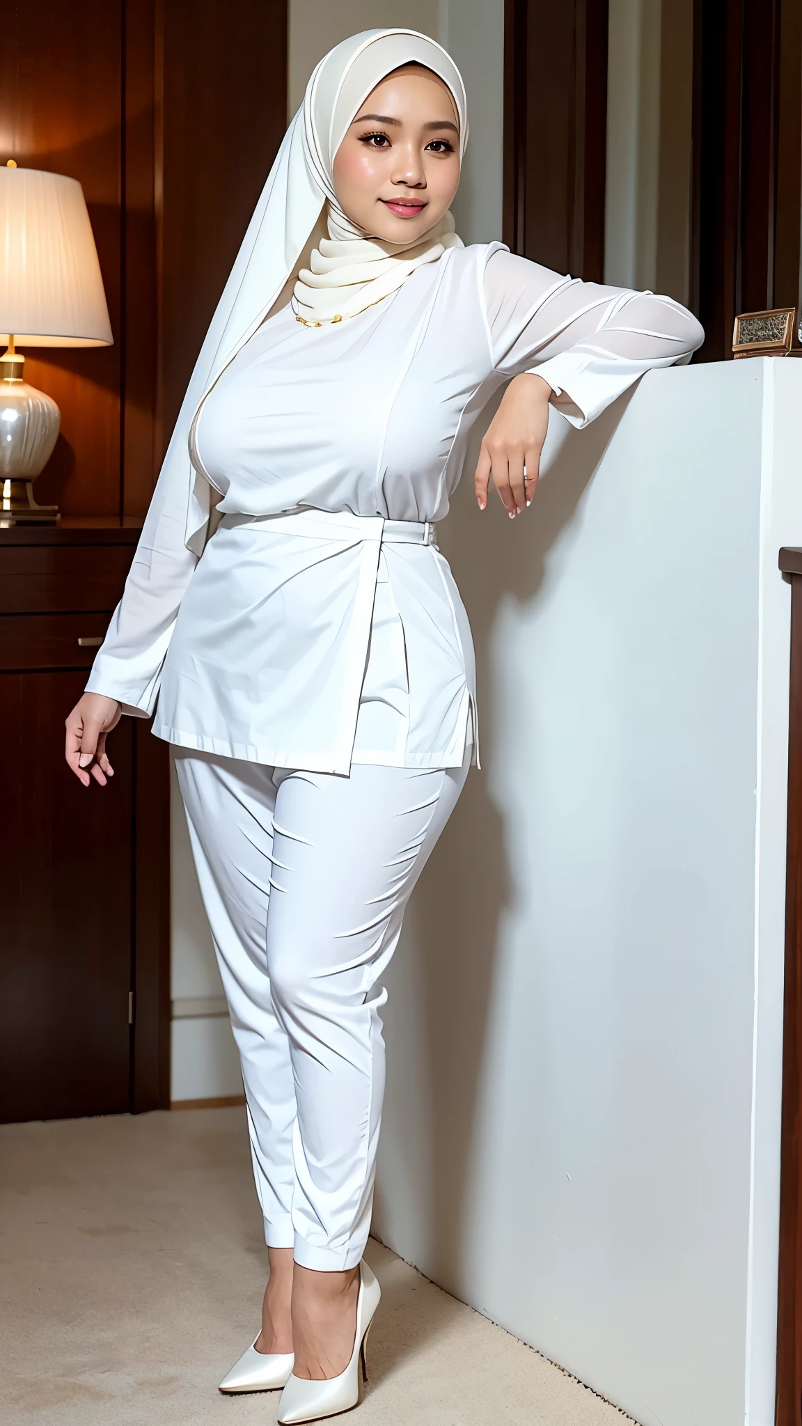 RAW, Best quality, high resolution, Masterpiece: 1.3, Indonesian woman wearing Muslim hijab, (30 years), big breasts, plump, wearing pearl white gamis, tight white trousers, heels, Masterpiece, Soft smile, villa, best quality, full body,