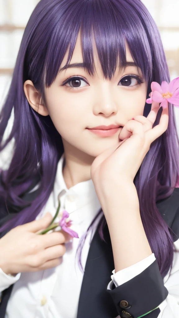 a woman with long purple hair and a white shirt holding a flower, iwakura lain, misato katsuragi, close up iwakura lain, yuyushiki, anime style like fate/stay night, anime moe artstyle, shuushuu anime image, hinata hyuga, close up of iwakura lain, in style of kyoto animation