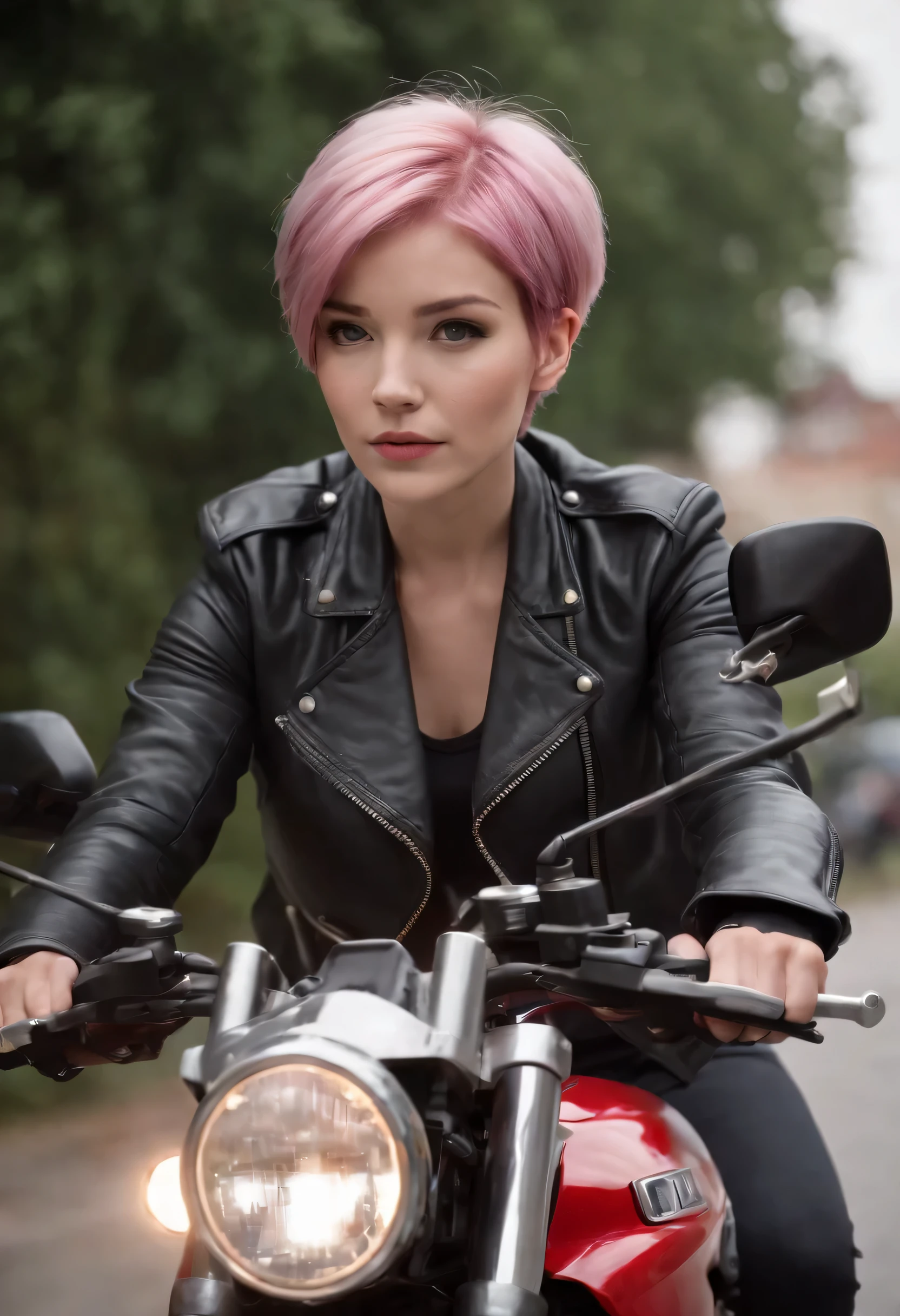 Girl short pink hair, riding a sports motorcycle,filmposter