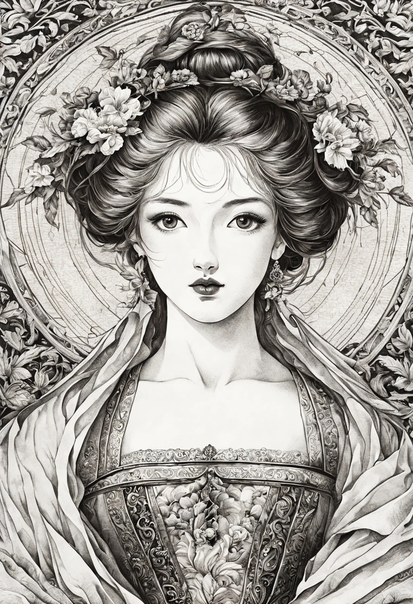 (best quality, 4k, high resolution, masterpiece: 1.2), ultra-detailed, realistic lady black and white figure, (ink style: 1.3), beautiful detailed eyes, beautiful detailed lips, detailed face, detailed flowing hair, figure slender, vibrant clothing, delicate ornate patterns, subtle shadows, soft lighting, classical pose, colorful background, 15th century artistic style, subtle color palette, elegant, exquisite craftsmanship, meticulous details, authentic textures, elegant expression, thoughtful look, atmosphere serene, historic atmosphere, fine attention to detail, intricate lines, artistic mastery, classic beauty, realistic depiction, eternally captivating.