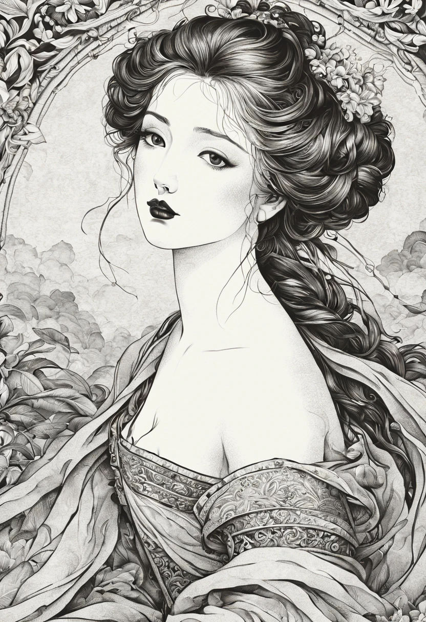 (best quality, 4k, high resolution, masterpiece: 1.2), ultra-detailed, realistic lady black and white figure, (ink style: 1.3), beautiful detailed eyes, beautiful detailed lips, detailed face, detailed flowing hair, figure slender, vibrant clothing, delicate ornate patterns, subtle shadows, soft lighting, classical pose, colorful background, 15th century artistic style, subtle color palette, elegant, exquisite craftsmanship, meticulous details, authentic textures, elegant expression, thoughtful look, atmosphere serene, historic atmosphere, fine attention to detail, intricate lines, artistic mastery, classic beauty, realistic depiction, eternally captivating.