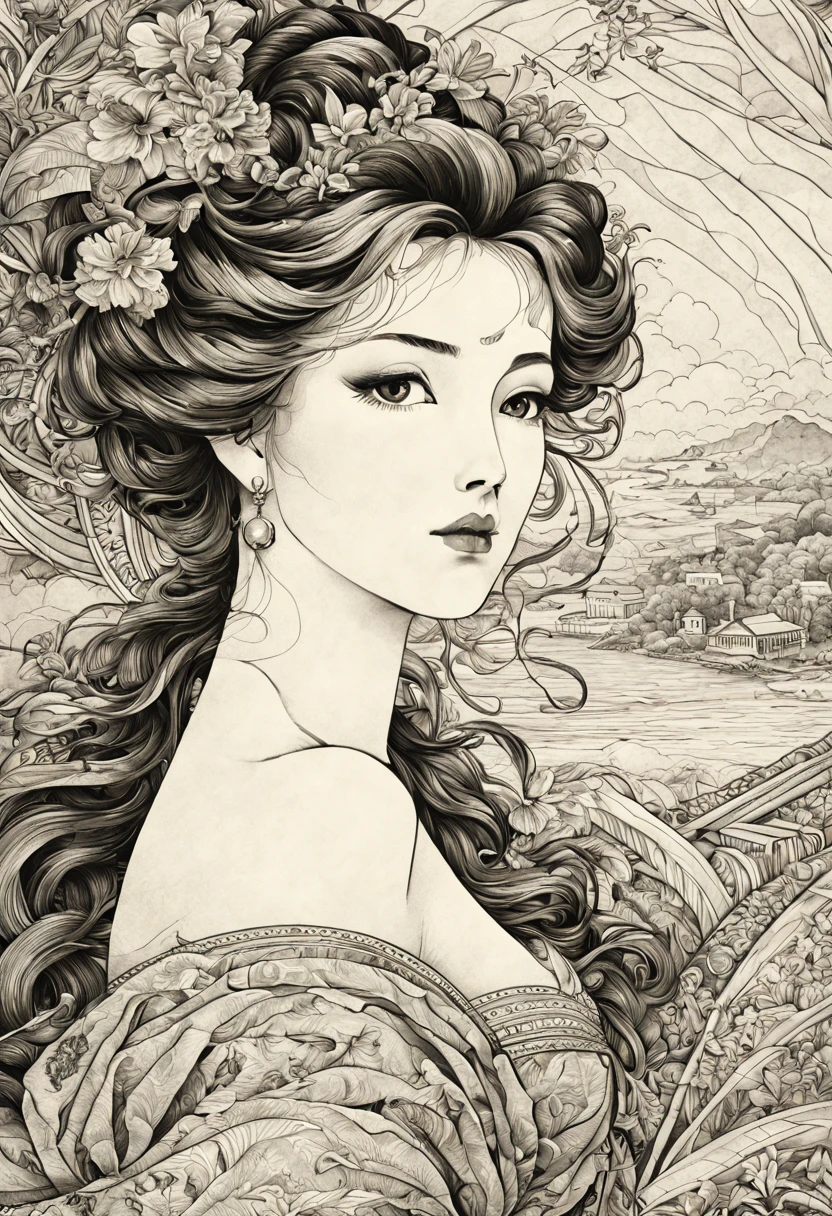 (best quality, 4k, high resolution, masterpiece: 1.2), ultra-detailed, realistic lady black and white figure, (ink style: 1.3), beautiful detailed eyes, beautiful detailed lips, detailed face, detailed flowing hair, figure slender, vibrant clothing, delicate ornate patterns, subtle shadows, soft lighting, classical pose, colorful background, 15th century artistic style, subtle color palette, elegant, exquisite craftsmanship, meticulous details, authentic textures, elegant expression, thoughtful look, atmosphere serene, historic atmosphere, fine attention to detail, intricate lines, artistic mastery, classic beauty, realistic depiction, eternally captivating.