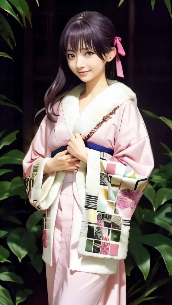 anime girl in pink kimono with a white fur collar, anime visual of a cute girl, hoshino yukinobu, hinata hyuga, shinsui ito, portrait of lain iwakura, lain iwakura, rumiko, shuushuu anime image, juri misaki, inspired by Nishikawa Sukenobu, toko fukawa，蓝色头发，蓝色头发，蓝色头发，蓝色头发，蓝色头发，蓝色头发