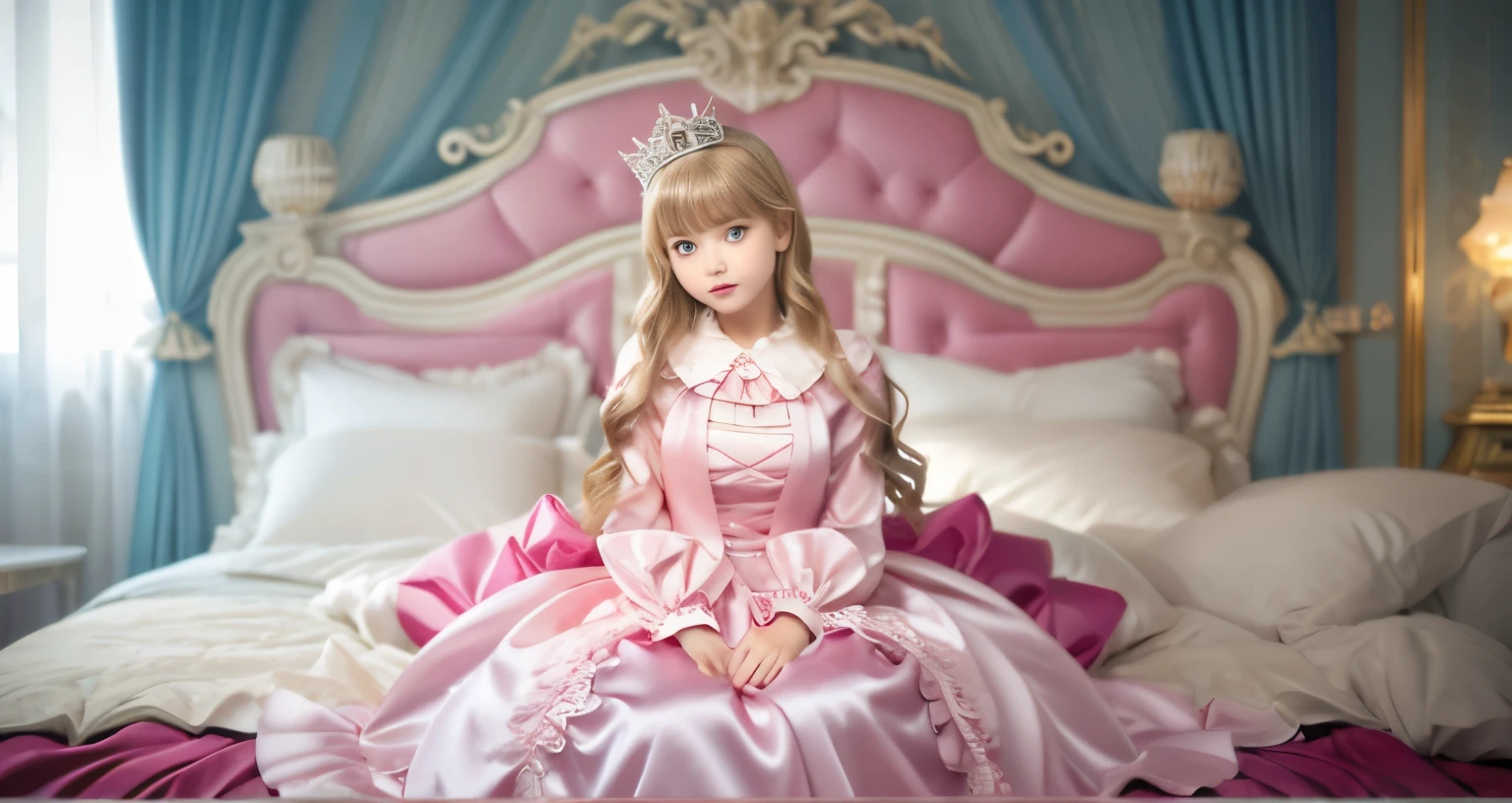 ,highest quality, masterpiece, highest resolution, artwork, super それにget used to it, many get used to it, get used to it, それにget used to it, 3K realistic photos,,((  of )),Super detailed baby face,Shincess,Full length ball gown dress with hoop skirt,ruffled yoke collar,puff sleeves,long sleeve,((lolita style hot pink princess satin dress、Comes with lots of frills and ribbons。)),colorful rococo fashion,shiny satin dress,Soft and smooth fabric,luxury,long blonde hair,blue eyes,white skin european,pajamas,((inside the palace)),,,(( When I was 10 years old)),Suy face,Full length ball gown dressp skirt,long skirt,ruffled yoke collar,puff sleeves,腰まで伸びるlong blonde hair,blue eyes,white skin european,pajamas,((inside the palace bedroom)),ピンクのシルクサテンのluxuryなcanopy bedの上,canopy bed,Luxurious curtains on both sides of the bed,many frilly pillows on the bed,super detailed background,detailed bed,romantic atmosphere,little princess is sitting on the bed,,((((Both legs are hidden in the dress)))),the dress is spread out on the bed,big round dress,soft pink silk satin comforter,soft silk satin ruffled pillow,Beautiful girl illustration,detailed beautiful face detailed hair,detailed human eye ,detailed mouth, arm details,fine hands,Detailed pillow,many pillows piled up,