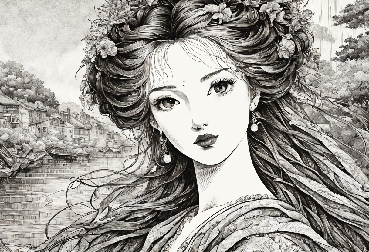 (best quality, 4k, high resolution, masterpiece: 1.2), ultra-detailed, realistic lady black and white figure, (ink style: 1.3), beautiful detailed eyes, beautiful detailed lips, detailed face, detailed flowing hair, figure slender, vibrant clothing, delicate ornate patterns, subtle shadows, soft lighting, classical pose, colorful background, 15th century artistic style, subtle color palette, elegant, exquisite craftsmanship, meticulous details, authentic textures, elegant expression, thoughtful look, atmosphere serene, historic atmosphere, fine attention to detail, intricate lines, artistic mastery, classic beauty, realistic depiction, eternally captivating.