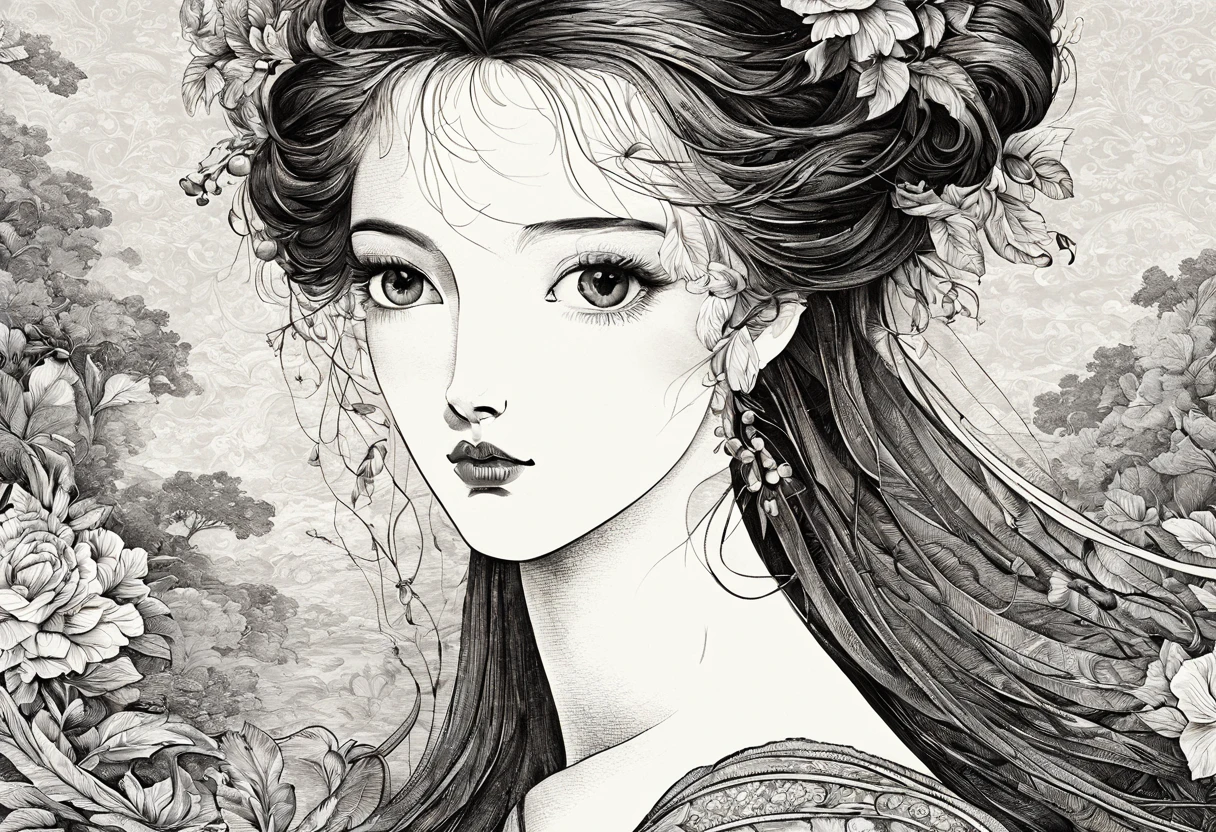 (best quality, 4k, high resolution, masterpiece: 1.2), ultra-detailed, realistic lady black and white figure, (ink style: 1.3), beautiful detailed eyes, beautiful detailed lips, detailed face, detailed flowing hair, figure slender, vibrant clothing, delicate ornate patterns, subtle shadows, soft lighting, classical pose, colorful background, 15th century artistic style, subtle color palette, elegant, exquisite craftsmanship, meticulous details, authentic textures, elegant expression, thoughtful look, atmosphere serene, historic atmosphere, fine attention to detail, intricate lines, artistic mastery, classic beauty, realistic depiction, eternally captivating.