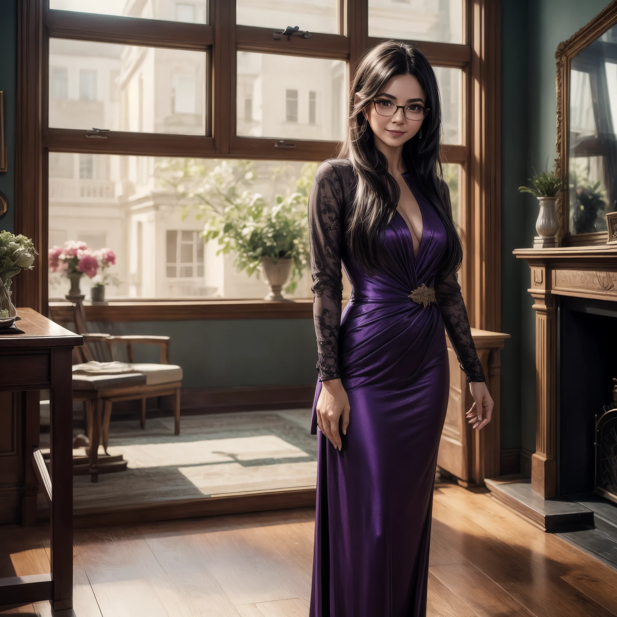 (best quality,4k,8k,highres,masterpiece:1.2),ultra-detailed, Serious looking Latina woman , purple suit dress, long black hair worn up, glasses, between  35 and 45 years old, mature  professional woman, domineering smile, standing in living room, HDR, 8k, absurdres, cinestill 800, sharp focus, add_detail:2, (solo, woman)
