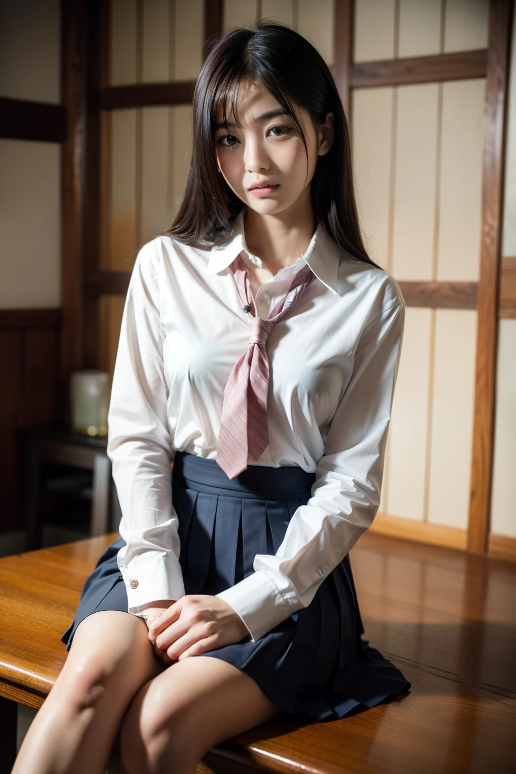 Realistic photo of a young Japanese woman, 19 years old, elegantly dressed in a school uniform, boasting good looks and an alluring aura, portrayed as a prostitute, sitting alone in a wooden room decorated in a 70's Japanese style. The room is adorned with intricately painted walls, serving as the perfect backdrop for the captivating subject.
As she gazes intently into the camera, her eyes gleam with a complexity of emotions, meticulously detailed and captivating in their beauty. The image is shot with a Super35 DSLR lens, offering a sharpening level of 8k, accentuating every fine detail in