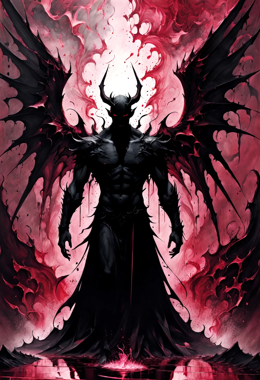 In the shattered depths of the Abstract & Conceptual realm of despair, Lucifer emerges from a shimmering pool of brimstone tears, the shadows of torment surrounding him, his form an ethereal painting of deep reds, convening a palette of unending pain. His wings crushed by the weight of endless sorrow, the pink-tinged void BEHIND him a constant reminder of what lay beyond his grasp