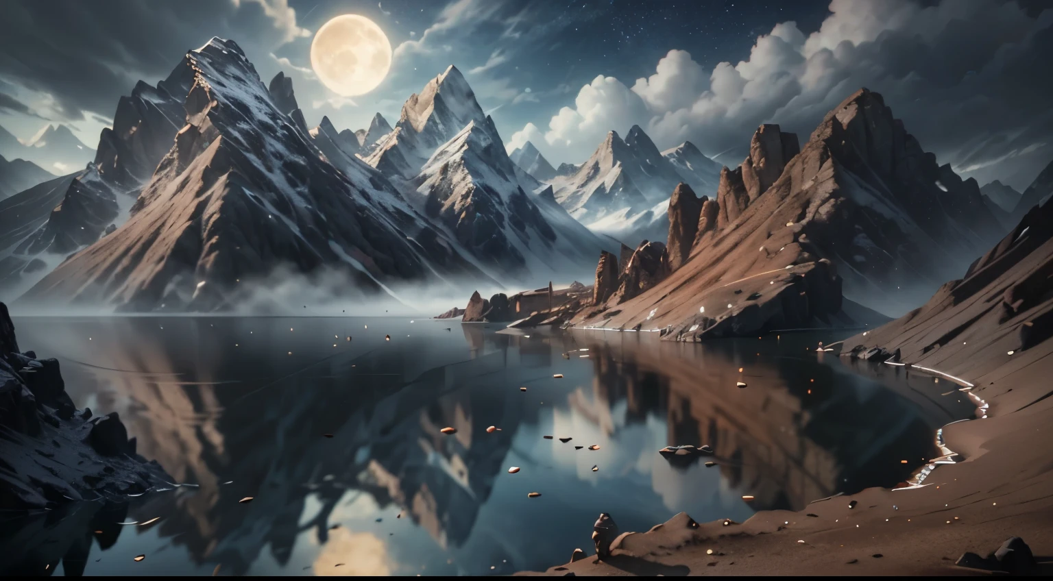 mountains and a lake with a moon in the sky, 4k highly detailed digital art, 4 k hd wallpaper very detailed, impressive fantasy landscape, sci-fi fantasy desktop wallpaper, unreal engine 4k wallpaper, 4k detailed digital art, sci-fi fantasy wallpaper, epic dreamlike fantasy landscape, 4k hd matte digital painting, 8k stunning artwork