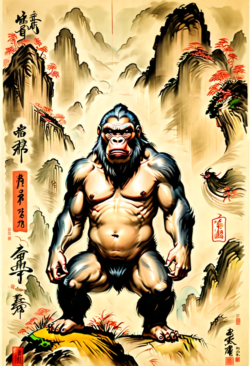 Ink Style Figure from "King Kong", by Qi Baishi, (best quality, masterpiece, Representative work, official art, Professional, Ultra high detail, 8k:1.3)