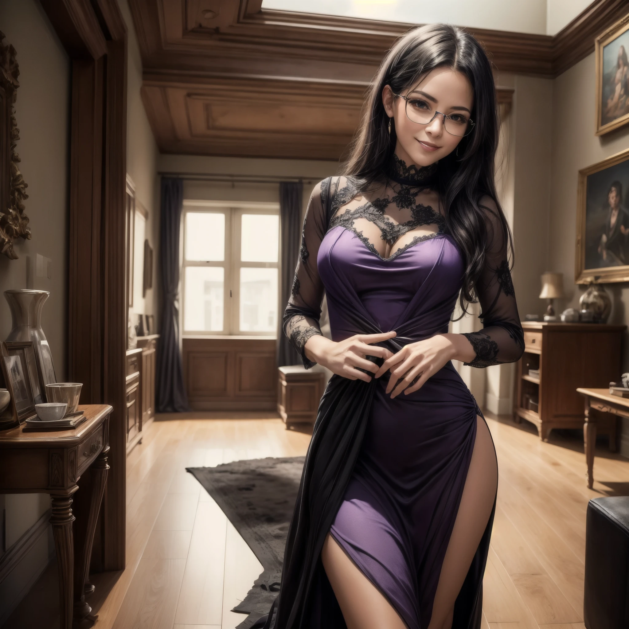 (best quality,4k,8k,highres,masterpiece:1.2),ultra-detailed, Serious looking Latina woman , purple suit dress, long black hair worn up, glasses, between  35 and 45 years old, mature  professional woman, domineering smile, standing in living room, HDR, 8k, absurdres, cinestill 800, sharp focus, add_detail:2, (solo, woman)
