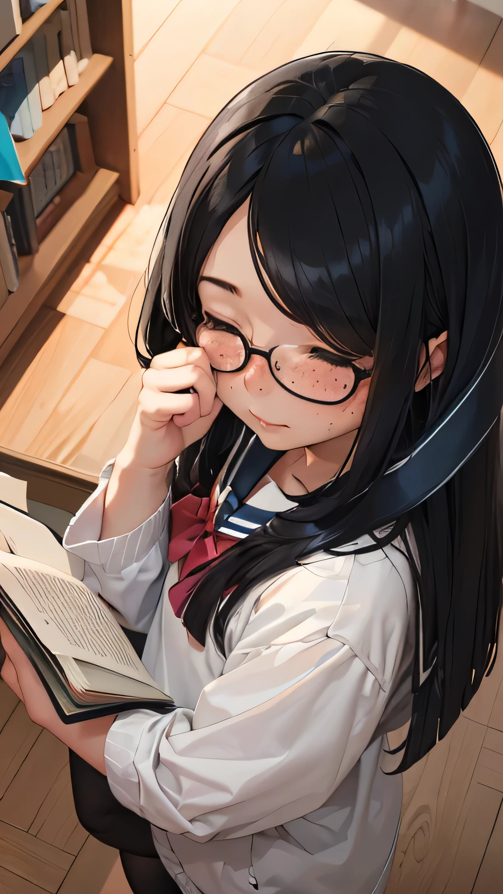 (((1 girl)))bookstore、standing and reading a book、、Middle schooade、sailor suit、black tights、student bag、、low length、(((((long bangs hide the eyes:1.5)))))、((freckles))、((((long black hair:1.2))))　(((hair band)))(((black rim glasses:1.2　black eye)))、Focus on reading books、(((adult books、blush)))that&#39;I can do it because it&#39;s full&#39;Doesn&#39;t move.、bevel、From above、looking here、Upper body、from behind、(((Angle From above)))