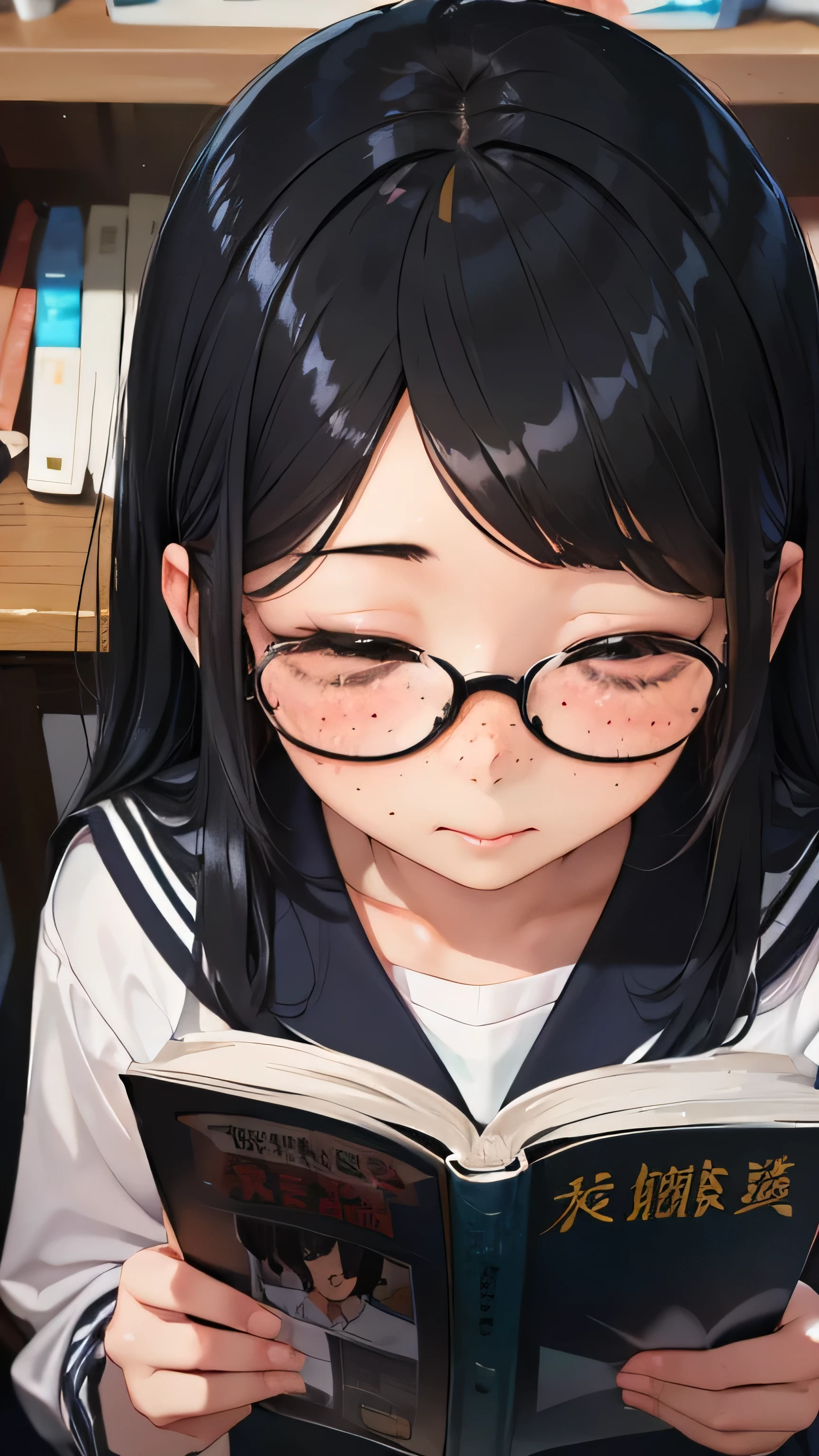 (((1 girl)))bookstore、standing and reading a book、13 years old、Middle school students2grade、sailor suit、black tights、student bag、、low length、(((((long bangs hide the eyes:1.5)))))、((freckles))、((((long black hair:1.2)))) (((hair band)))(((black rim glasses:1.2 black eye)))、Focus on reading books、(((reading an adult magazine、blush、embarrassing)))that'I can do it because it's full'Doesn't move.、bevel、From above、looking here、Upper body、from behind、(((Angle From above)))