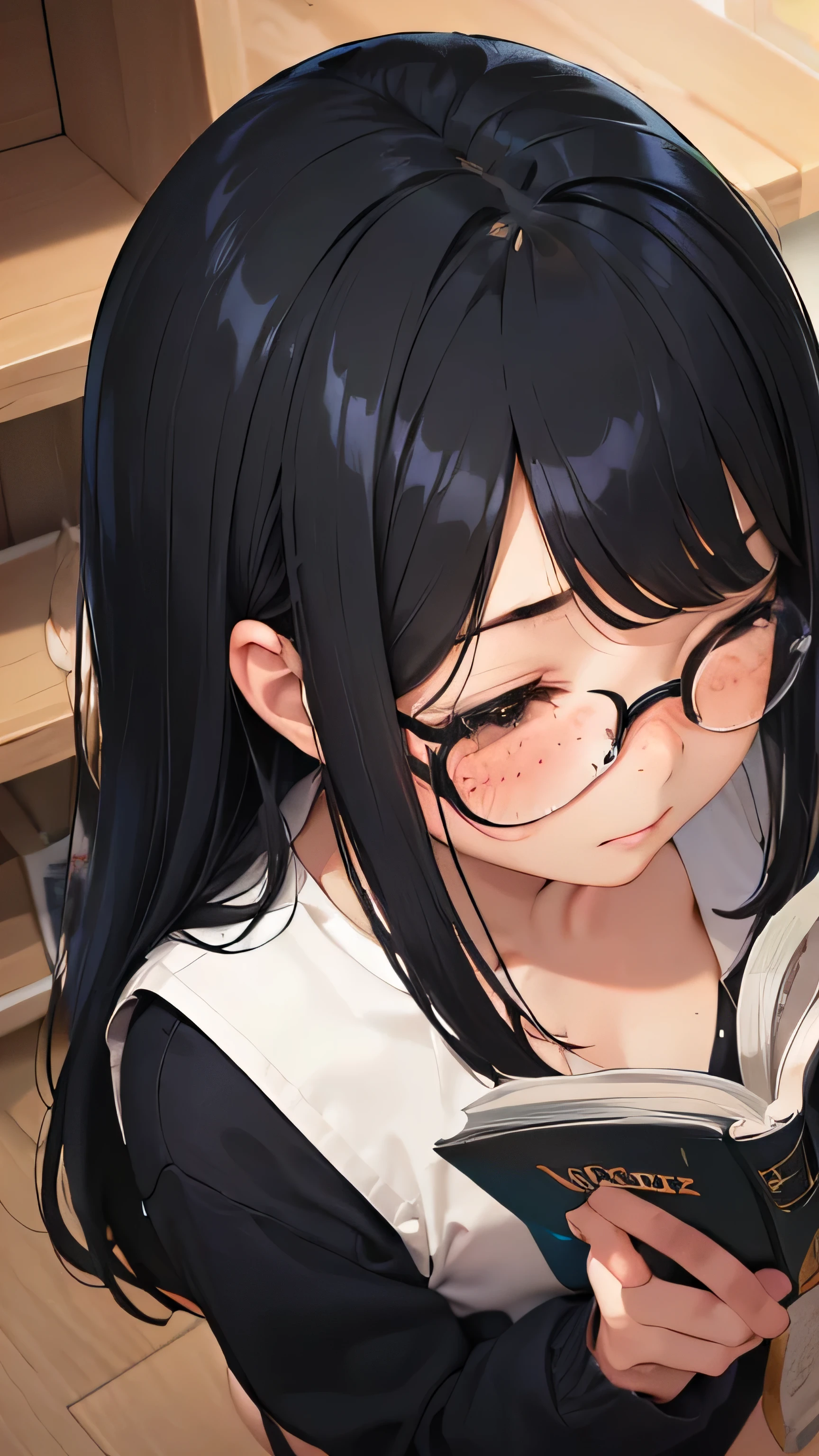 (((1 girl)))bookstore、standing and reading a book、13 years old、Middle school students2grade、sailor suit、black tights、student bag、、low length、(((((long bangs hide the eyes:1.5)))))、((freckles))、((((long black hair:1.2)))) (((hair band)))(((black rim glasses:1.2 black eye)))、Focus on reading books、(((read nude magazines、blush、embarrassing:1.4)))that'I can do it because it's full'Doesn't move.、bevel、From above、looking here、Upper body、from behind、(((Angle From above)))