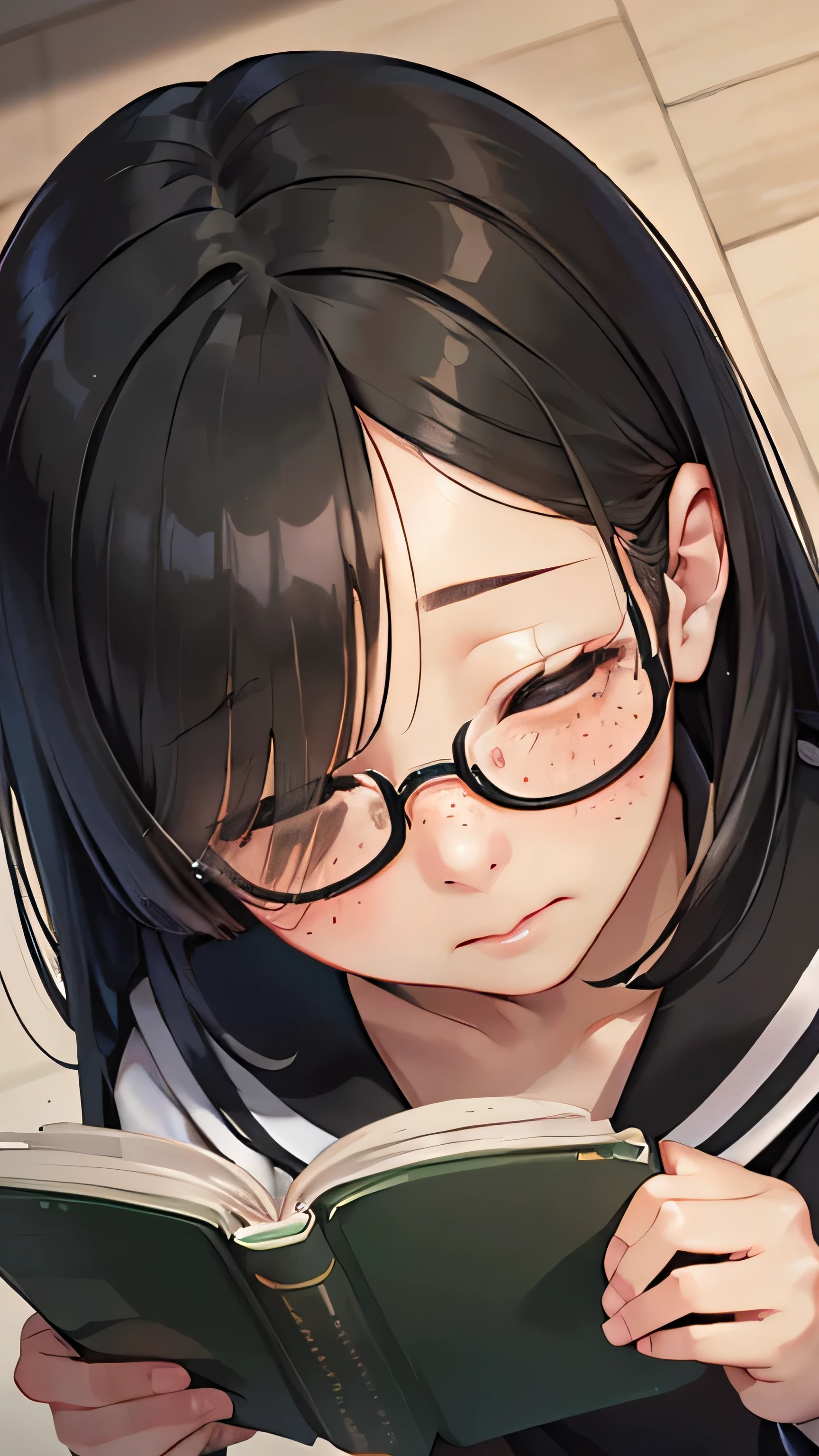 (((1 girl)))bookstore、standing and reading a book、13 years old、Middle school students2grade、sailor suit、black tights、student bag、、low length、(((((long bangs hide the eyes:1.5)))))、((freckles))、((((long black hair:1.2)))) (((hair band)))(((black rim glasses:1.2 black eye)))、Focus on reading books、(((read sex books、blush、embarrassing:1.4)))that'I can do it because it's full'Doesn't move.、bevel、From above、looking here、Upper body、from behind、(((Angle From above)))