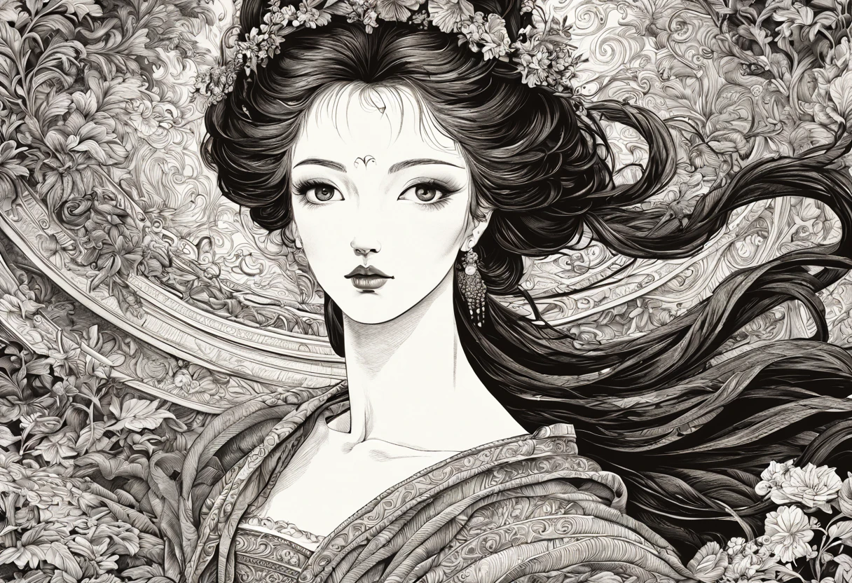 (best quality, 4k, high resolution, masterpiece: 1.2), ultra-detailed, realistic lady black and white figure, (ink style: 1.3), beautiful detailed eyes, beautiful detailed lips, detailed face, detailed flowing hair, figure slender, vibrant clothing, delicate ornate patterns, subtle shadows, soft lighting, classical pose, colorful background, 15th century artistic style, subtle color palette, elegant, exquisite craftsmanship, meticulous details, authentic textures, elegant expression, thoughtful look, atmosphere serene, historic atmosphere, fine attention to detail, intricate lines, artistic mastery, classic beauty, realistic depiction, eternally captivating.