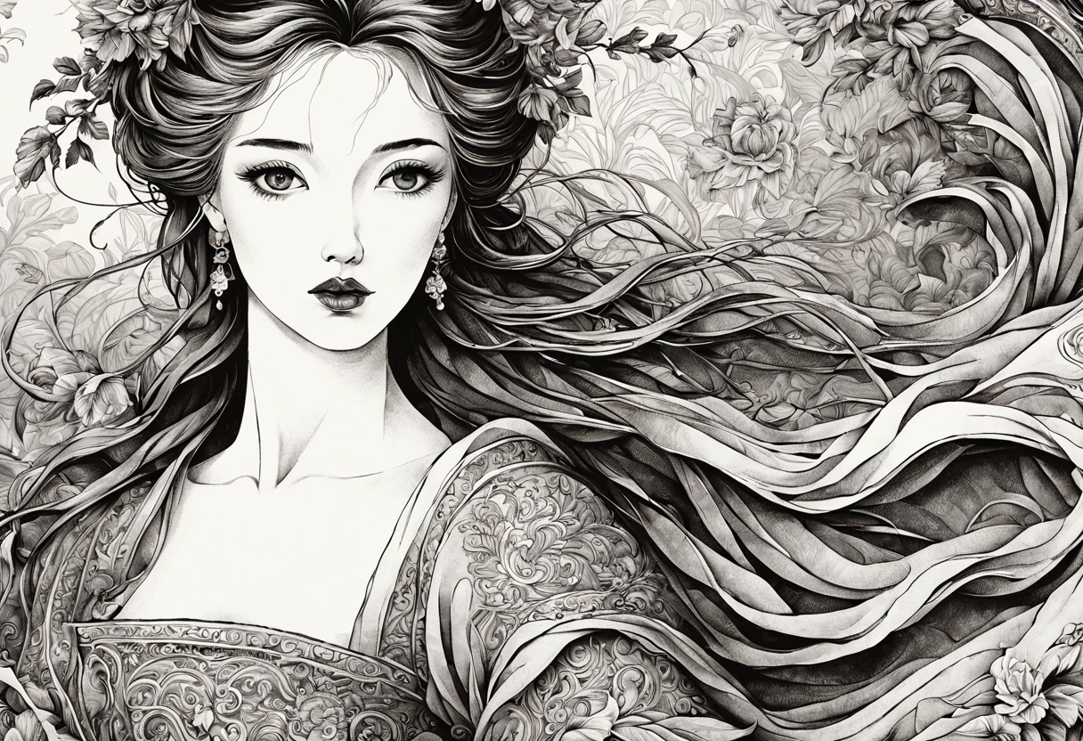 (best quality, 4k, high resolution, masterpiece: 1.2), ultra-detailed, realistic lady black and white figure, (ink style: 1.3), beautiful detailed eyes, beautiful detailed lips, detailed face, detailed flowing hair, figure slender, vibrant clothing, delicate ornate patterns, subtle shadows, soft lighting, classical pose, colorful background, 15th century artistic style, subtle color palette, elegant, exquisite craftsmanship, meticulous details, authentic textures, elegant expression, thoughtful look, atmosphere serene, historic atmosphere, fine attention to detail, intricate lines, artistic mastery, classic beauty, realistic depiction, eternally captivating.