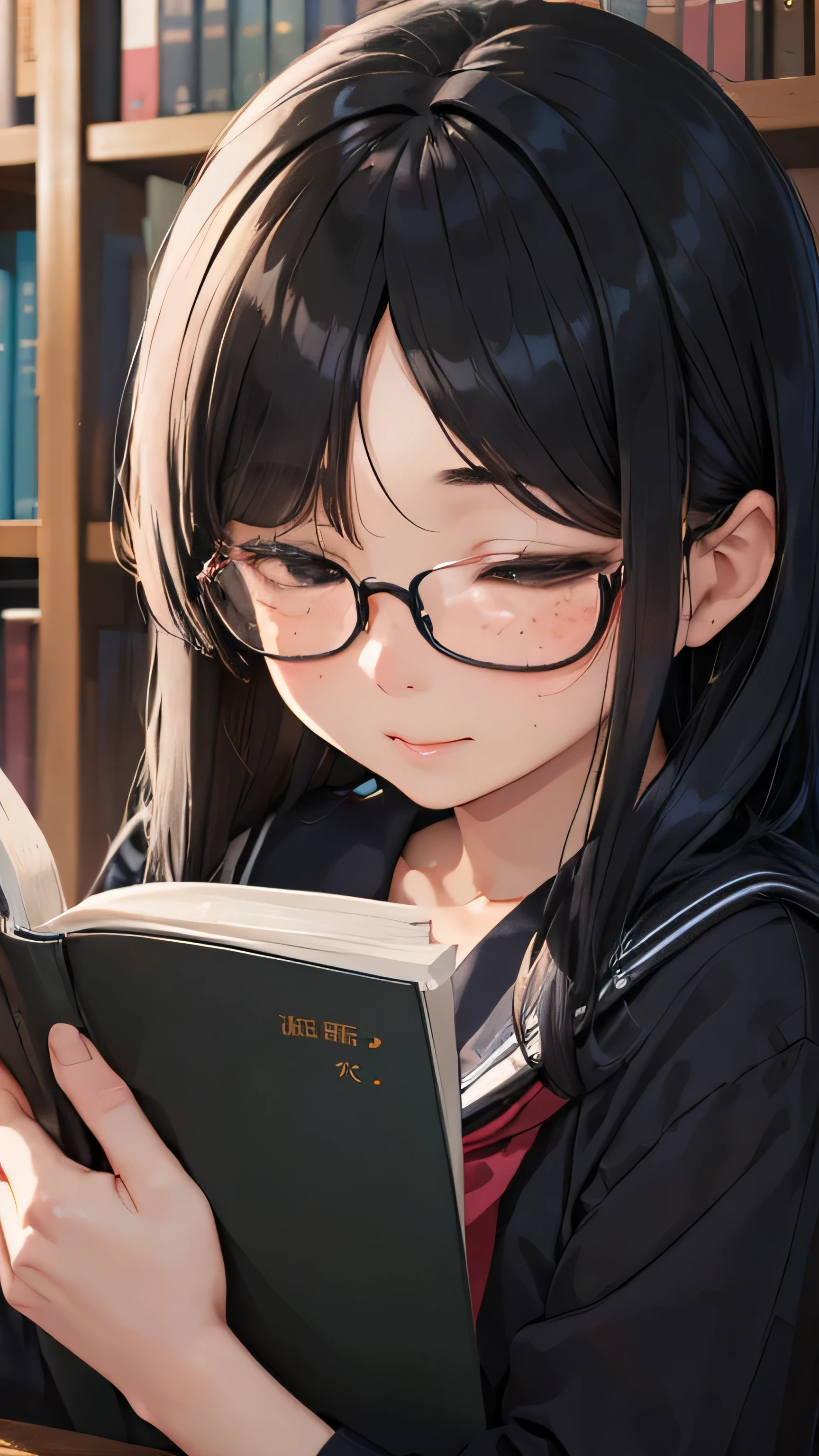 (((1 girl)))(((bookstore、立ってreading a book)))、、Middle schooade、sailor suit、black tights、student bag、、low length、(((((long bangs hide the eyes:1.5)))))、((freckles))、((((long black hair:1.2)))) (((hair band)))(((black rim glasses:1.2 black eye)))、concentrating on reading a book、(((reading a book)))bevel、looking here、Upper body