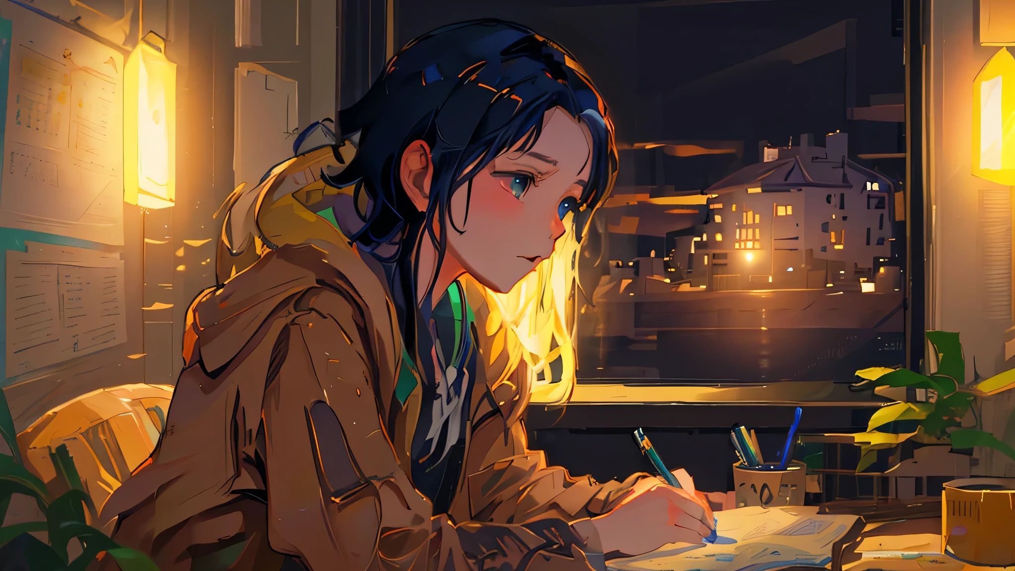 Anime girl sitting at a desk and writing a book, makoto shinkai&#39;art style, makoto shinkai Style, in makoto shinkai&#39;Style, makoto shinkai&#39;Style, digital anime illustration, Drawn at Anime Painter Studio, inspired by makoto shinkai, makoto shinkai!, studio glibly makoto shinkai, portrait of lofi