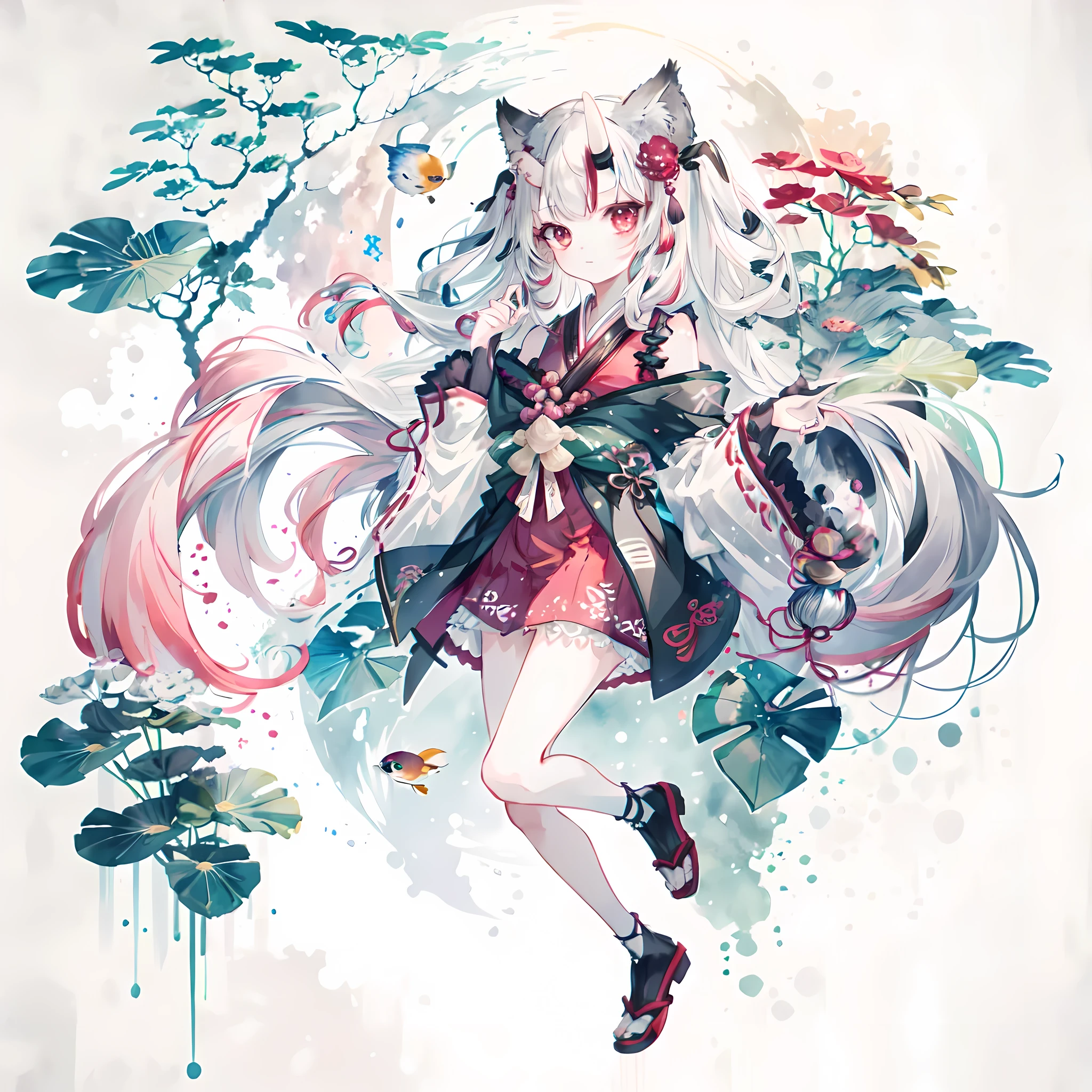 ((4K,masterpiece,best quality)), shuimobysim, Chinese traditional ink painting, lotus,  hanfu, maxis kit, Dress conservatively ayame,1 girl, alone, white hair, long hair, fox ears, white, bikini, fish, many fish near girl, look at the audience, tease