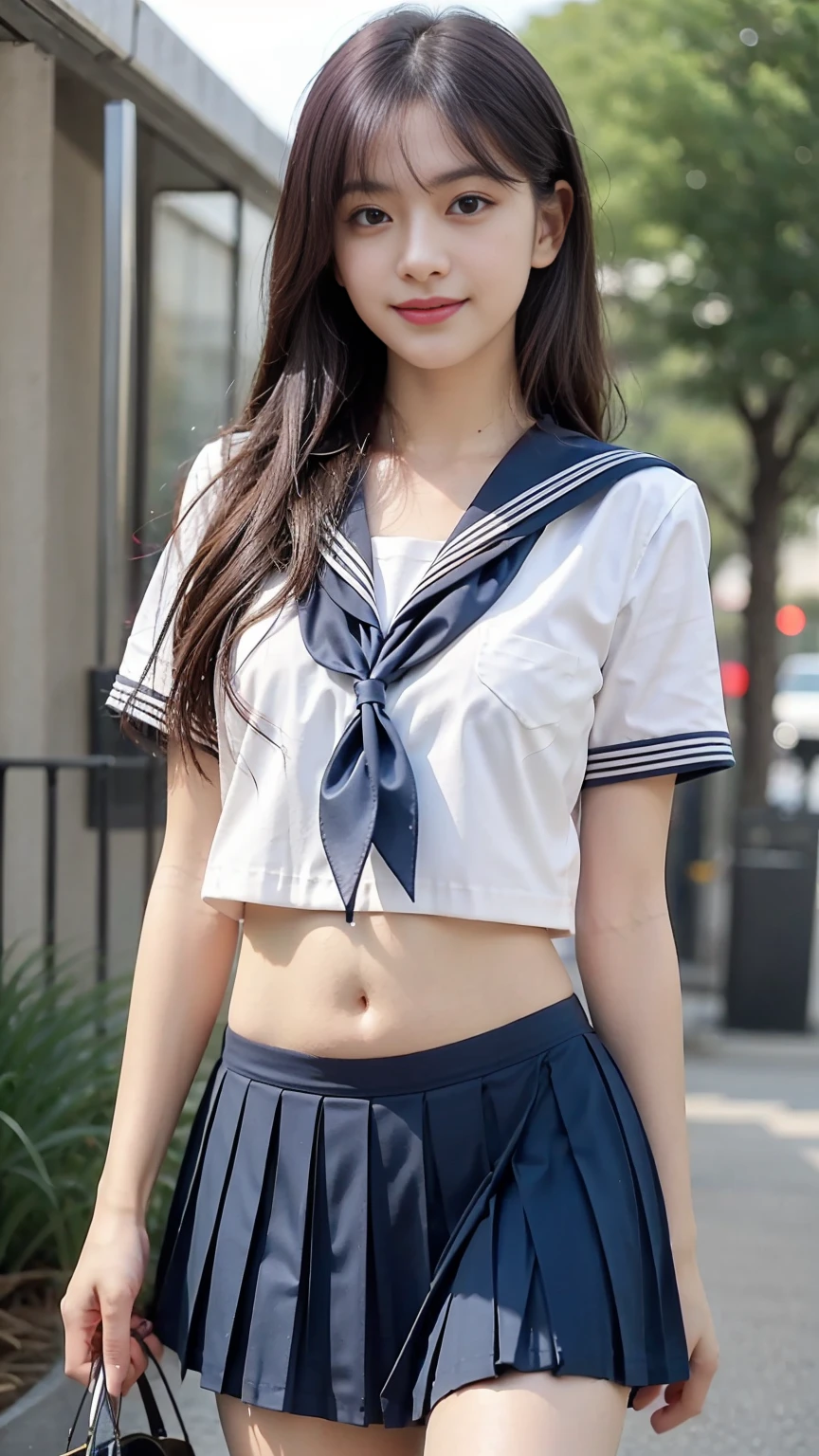 best quality, natural lighting, masterpiece, 1 girl, perfect beautiful face, (photo photo:1.3), edge lighting, photography lighting, (high detail skin:1.2), 8k ultra hd, DSLR, high quality, high resolution, white skin, detailed textured skin, 3/4 body in frame, sexy posing, cute smile face, close-lip, perfect propotion face, symetric face, eye level shot, 4k, 8k, bokeh, absurd, best ratio four fingers and one thumb, (realistic:1.3), beautiful detailed girl, cute 1girl, dark purple hair, long hair, bangs, volume hairs, collosal-breast, full looking breast, projecting breast, slim waist, slender, small thighs, perfectly proportion, outdoor background, detailed background, trees, clouds, serafuku, white school shirt, navy neckerchief, short sleeves, stomach cutout, navel, short navy pleated school skirt, thighs, white socks