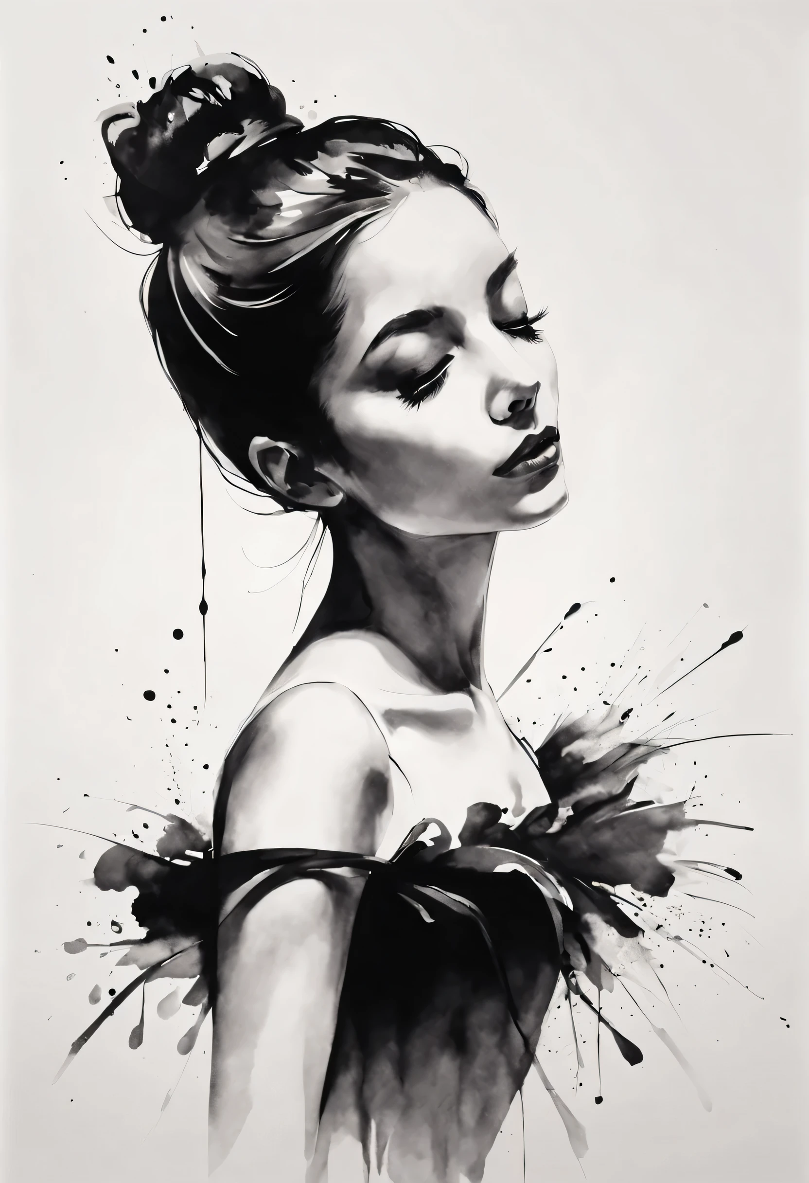 The expression and posture of the ballet dancer are shown through the contrast of ink..Simple black and white background.super detailed.woman in ballet position wearing ballet shoes.Black and white ink painting style,sexy painting, Beautiful and elegant face.Mysterious and elegant..Showing the fair and beautiful nape of the neck.Outline with black ink，Ink splash effect、smooth lines，Displays characters&#39; Express expressions and postures through ink contrast，The background is simple，emphasize light, shadow and space。(best quality,4K,8k,high resolution,masterpiece:1.2),
