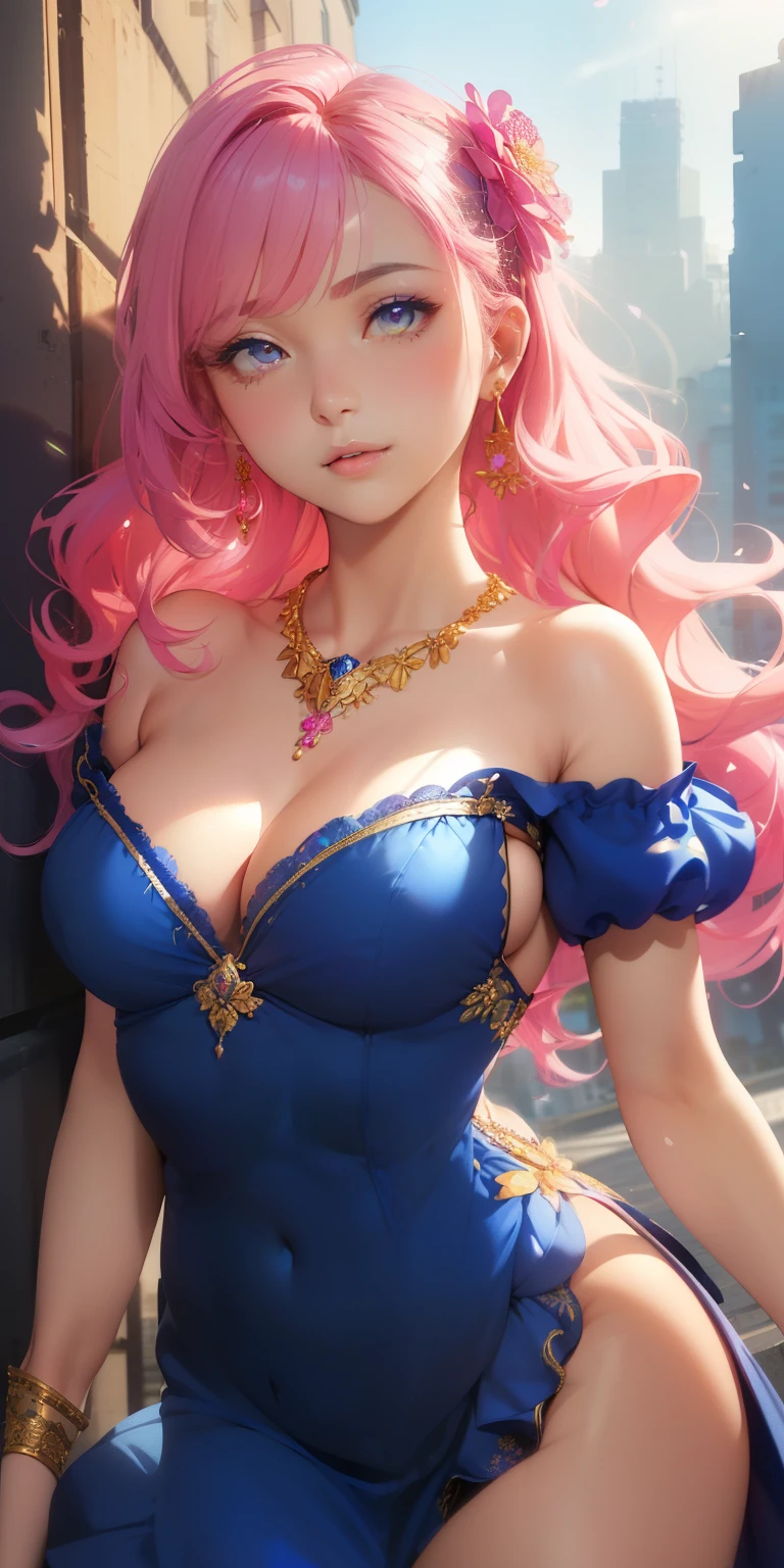 Medium and round breasts, sagging, she is an adult woman ((she is beautiful and cute)), (hot pink wavy hair, beautiful earrings, necklace, hair decorated with small petals, straight bangs), double eyelids, purple eyes, of course and detailed, hyper detailed, light effect on the eyes, detailed iris, sensual body, (((her body is covered by a blue dress with puffed sleeves, with straps, a short dress, decorated with embroidery and flower print on the body, delicate and elegant with beautiful details, beautiful and cool)), ((masterpiece, hyper realistic, hyper detailed, best quality, 16k, light and shadow on skin, vivid colors)), eyeliner, thin eyebrows, sensual expression, lips perfect, innocent and sexy face, ((skin with light and shadow), beautifully seductive and embarrassed woman, passionate expression, distracted ((she is a beautiful woman with a beautiful body)), flirting with the viewer, beautiful, charming, ( (on the street, beautiful view of the city, romantic and glamorous atmosphere)) , (body tilt) ((elegant sensual pose))