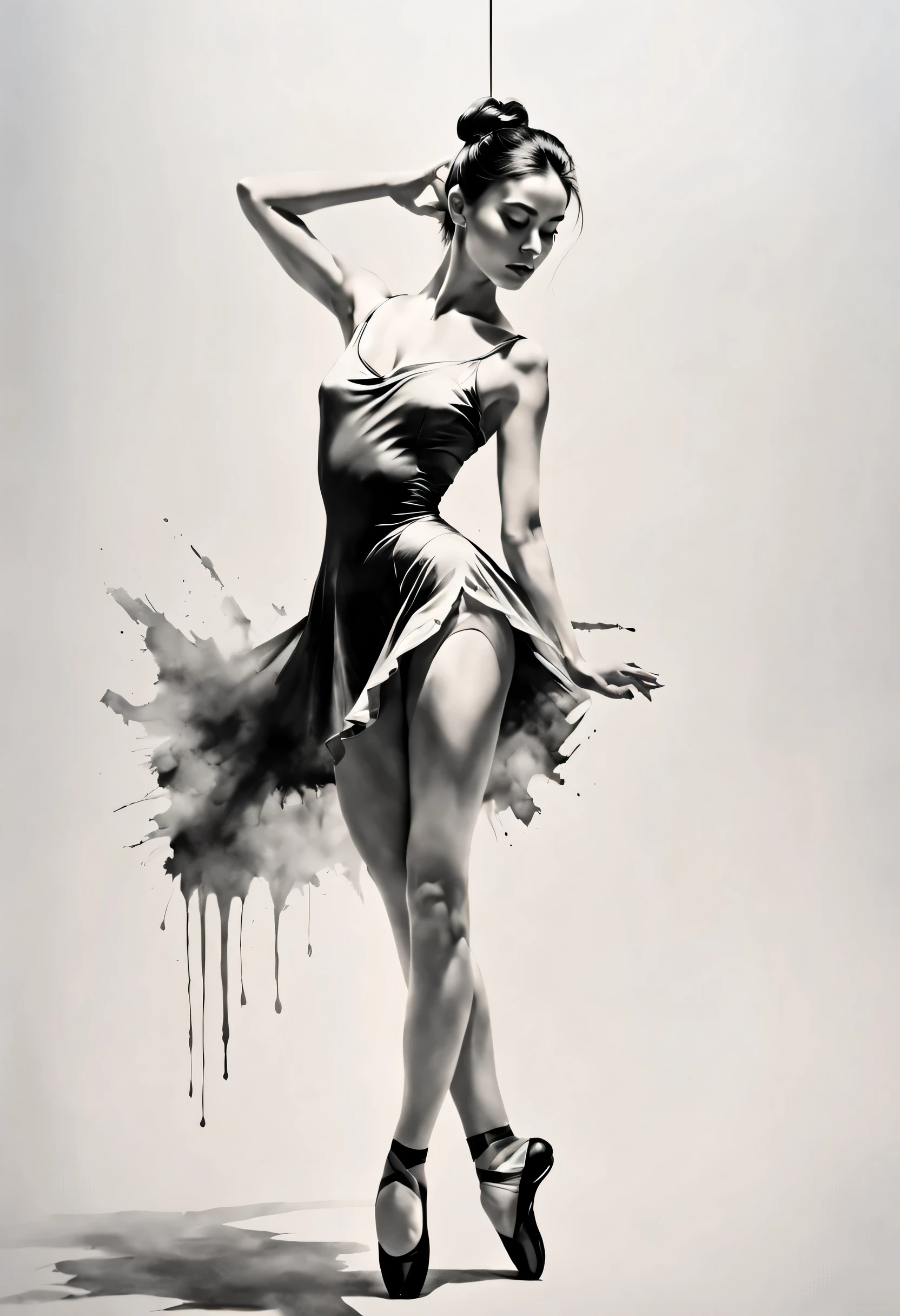 Simple black and white background.super detailed.woman in ballet position wearing ballet shoes.Black and white ink painting style,sexy painting, Beautiful and elegant face.Mysterious and elegant..Showing the fair and beautiful nape of the neck.Outline with black ink,Ink splash effect、smooth lines,Displays characters' Express expressions and postures through ink contrast,The background is simple,emphasize light, shadow and space。(best quality,4K,8k,high resolution,masterpiece:1.2),
