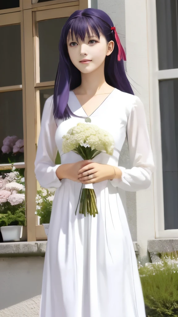 Korean girl with white hair, White dress, one opaque green eye and another platinum lilac eye, in a cemetery with black flowers, The girl is playing while smiling falsely
