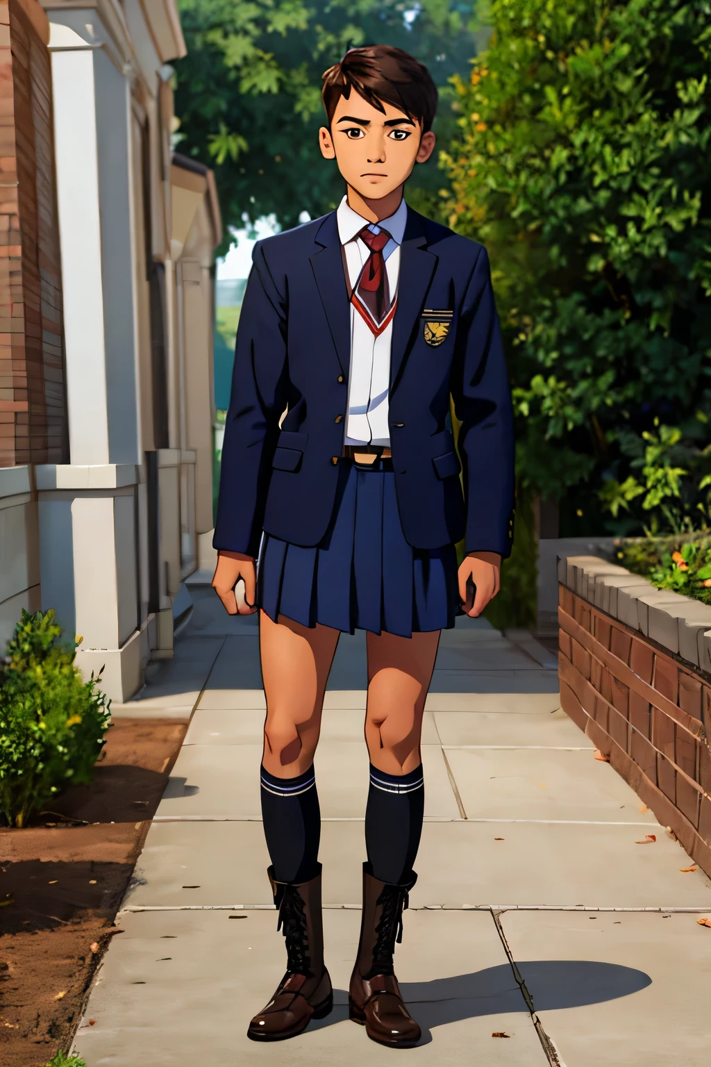 teenage boy wearing school uniform and boots with laces undone
